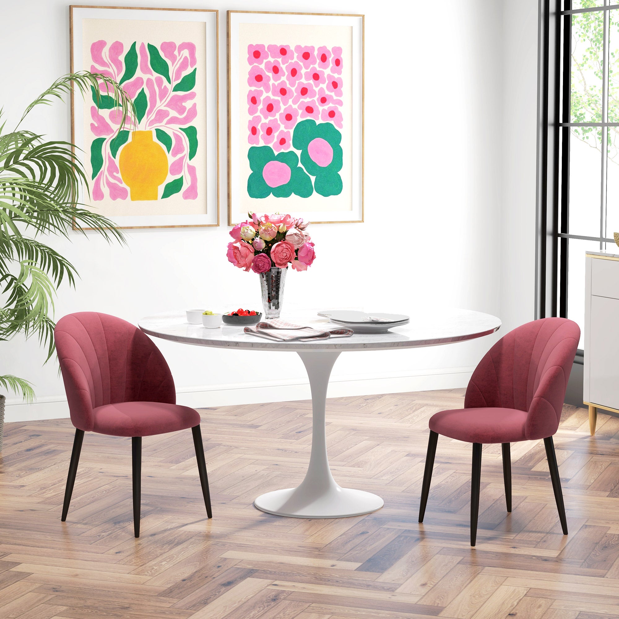 Set of 2 Dining Room Chairs, Modern Kitchen Chairs with Shell Back and Metal Legs, Velvet Upholstered Chair for Kitchen, Bedroom, Office, and Living Room, Antique Red