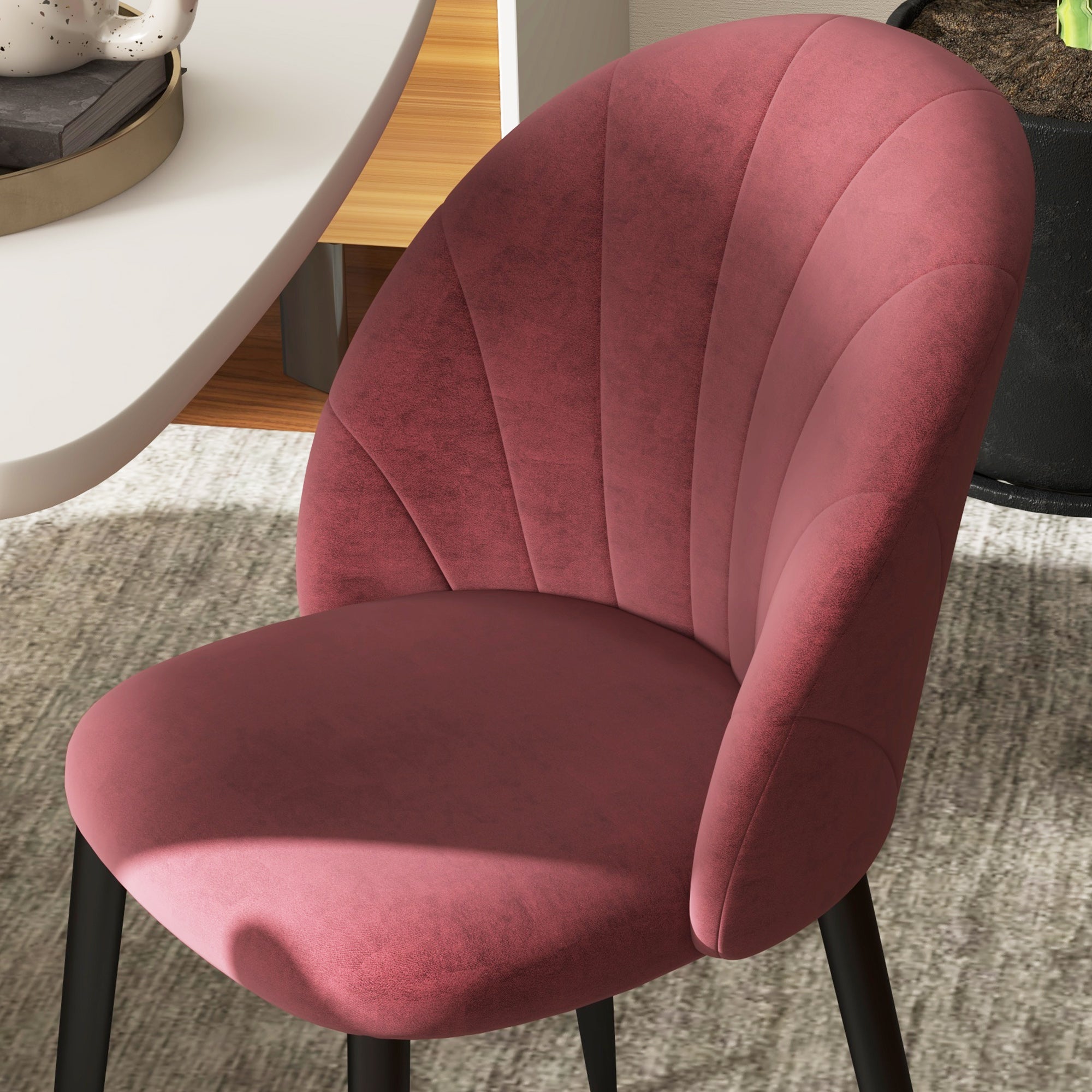 Set of 2 Dining Room Chairs, Modern Kitchen Chairs with Shell Back and Metal Legs, Velvet Upholstered Chair for Kitchen, Bedroom, Office, and Living Room, Antique Red