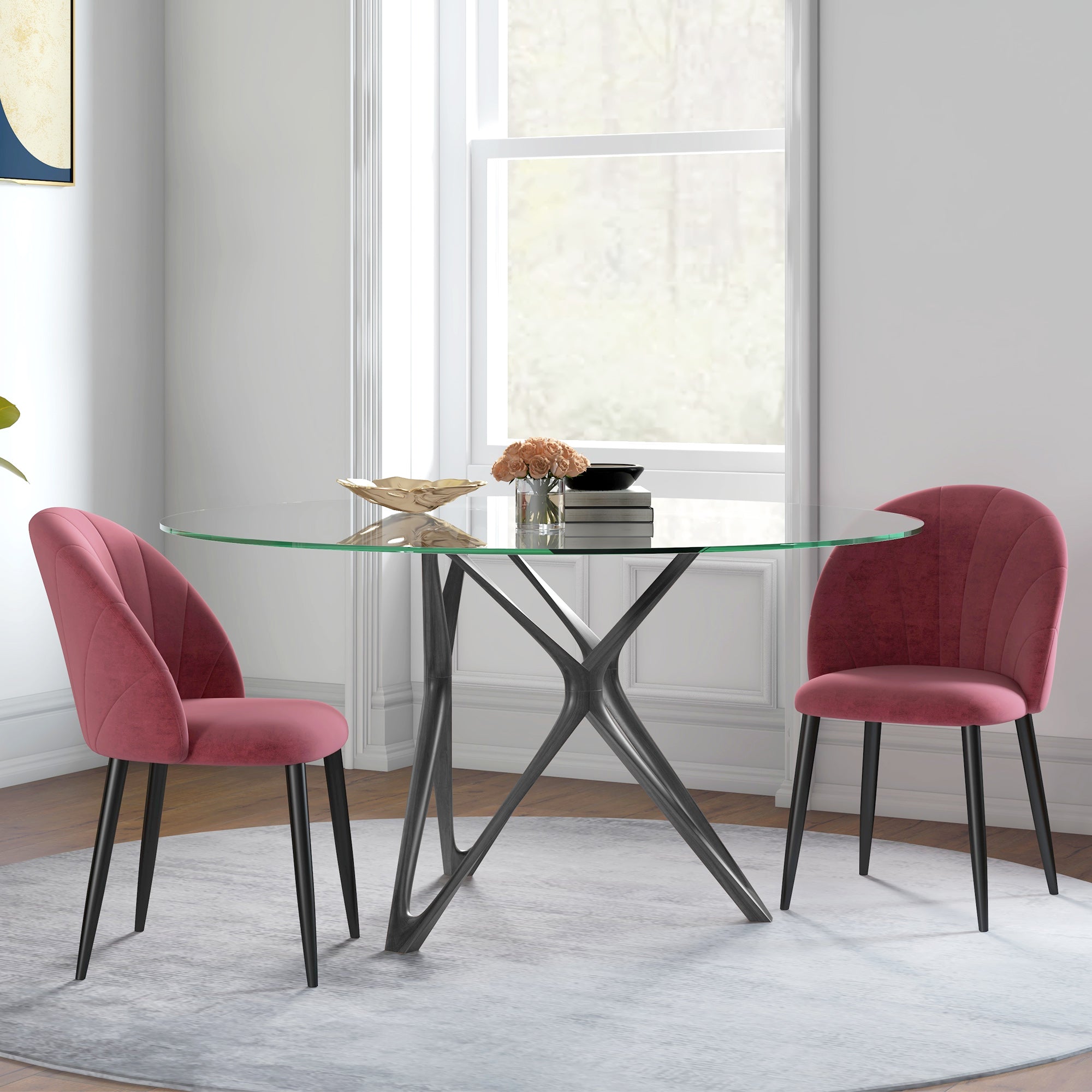 Set of 2 Dining Room Chairs, Modern Kitchen Chairs with Shell Back and Metal Legs, Velvet Upholstered Chair for Kitchen, Bedroom, Office, and Living Room, Antique Red