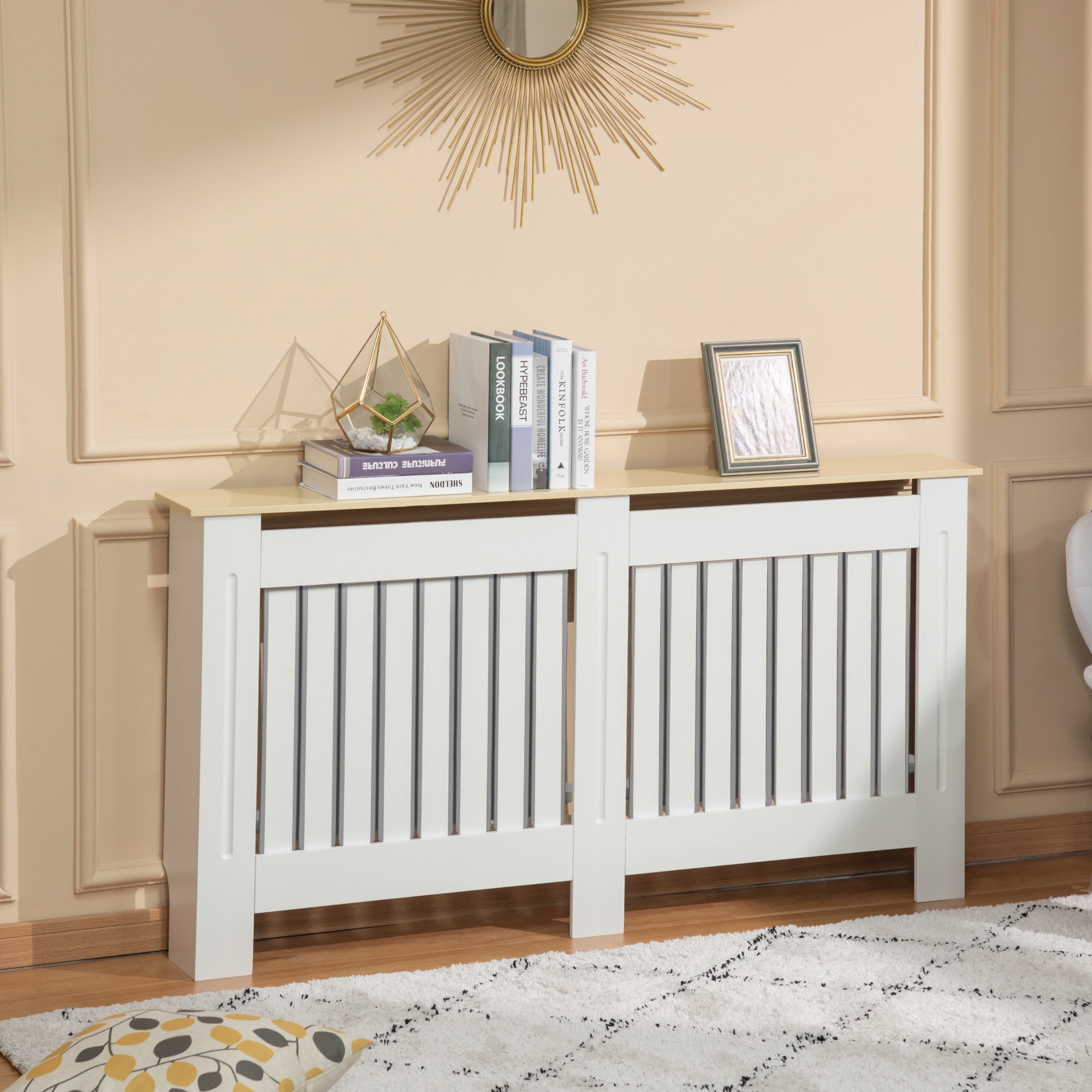 Radiator Cover 152x19x83 cm MDF Radiator Cabinet with Anti-Tip Device Modern Design for Living Room Bedroom White