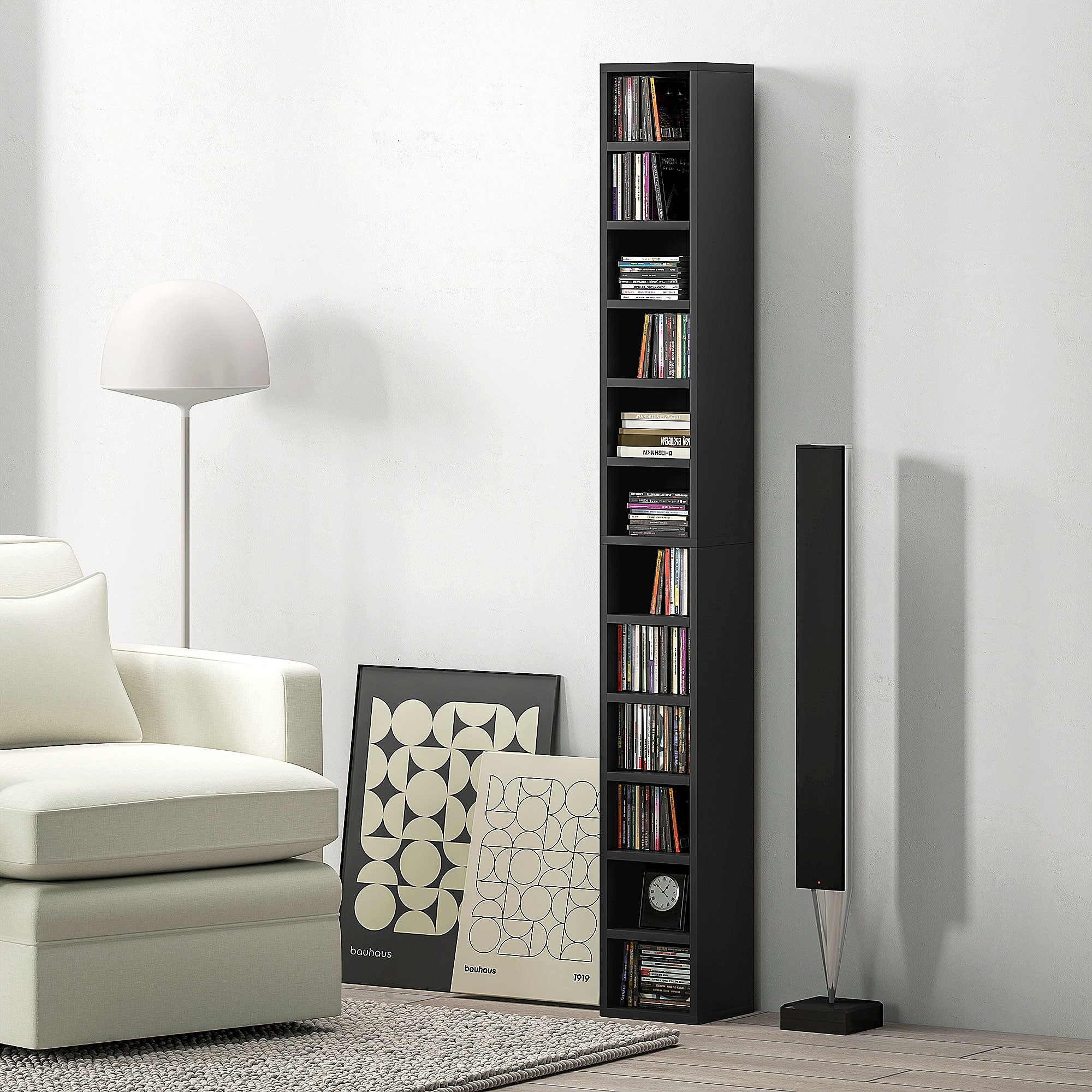 CD & DVD Storage Column, 12-Compartment Tower Shelf, Holds up to 204 Discs, 8.3 x 7.9 x 69 in (21 x 20 x 175 cm), Black