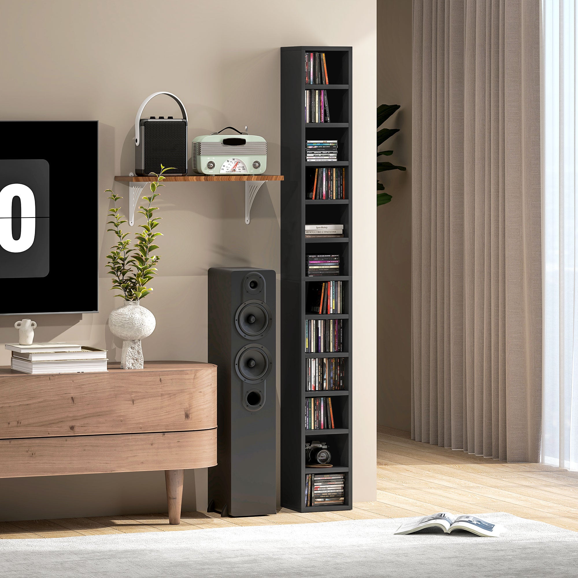CD & DVD Storage Column, 12-Compartment Tower Shelf, Holds up to 204 Discs, 8.3 x 7.9 x 69 in (21 x 20 x 175 cm), Black