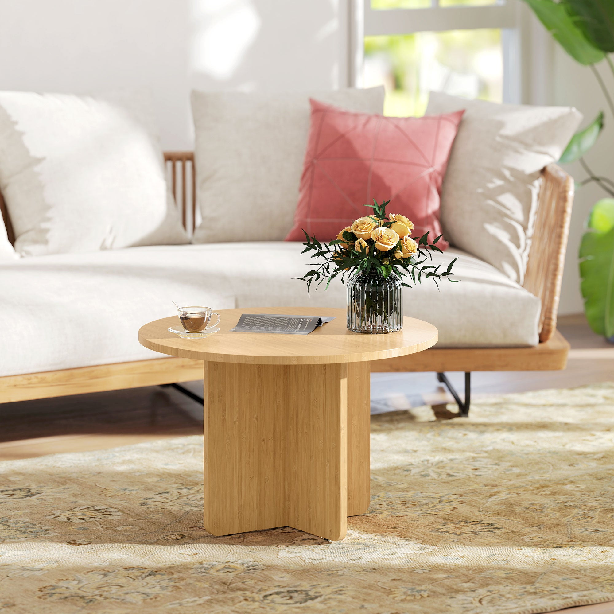 Round Bamboo Coffee Table Ø26 in Modern Living Room Table with Cross Base, Supports up to 265 lb, Natural