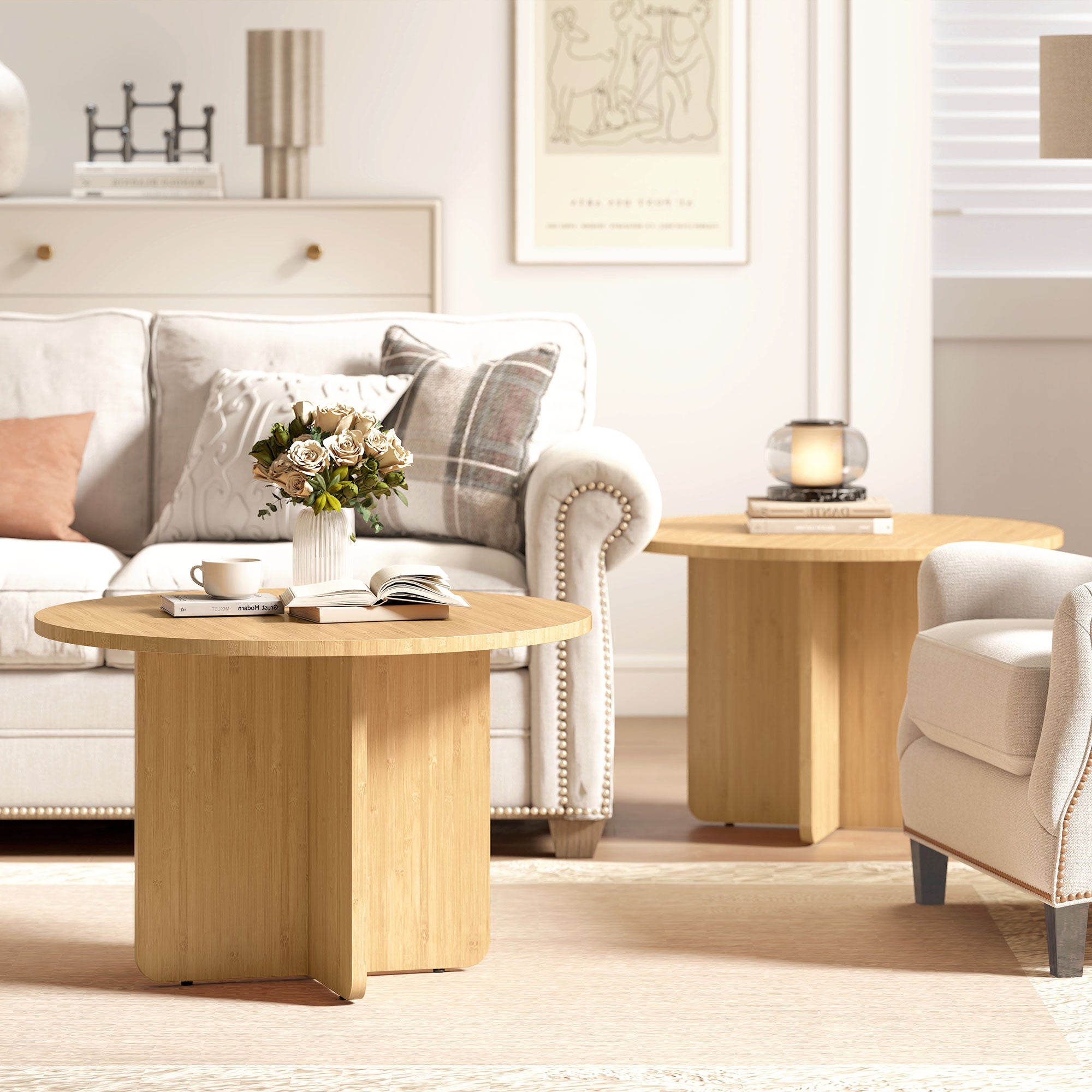 Round Bamboo Coffee Table Ø26 in Modern Living Room Table with Cross Base, Supports up to 265 lb, Natural