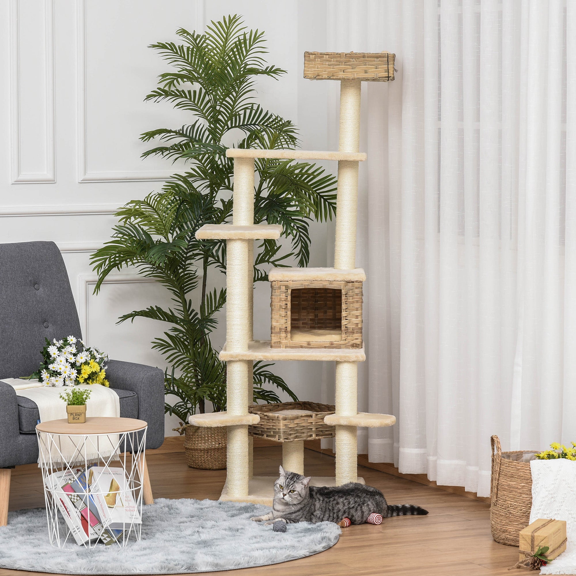 Rattan Cat Tree with Cat Cave Multi-Level Cat Tree Climbing Tree for Cats E1 MDF Sisal Beige+Brown 55 x 55 x 174 cm