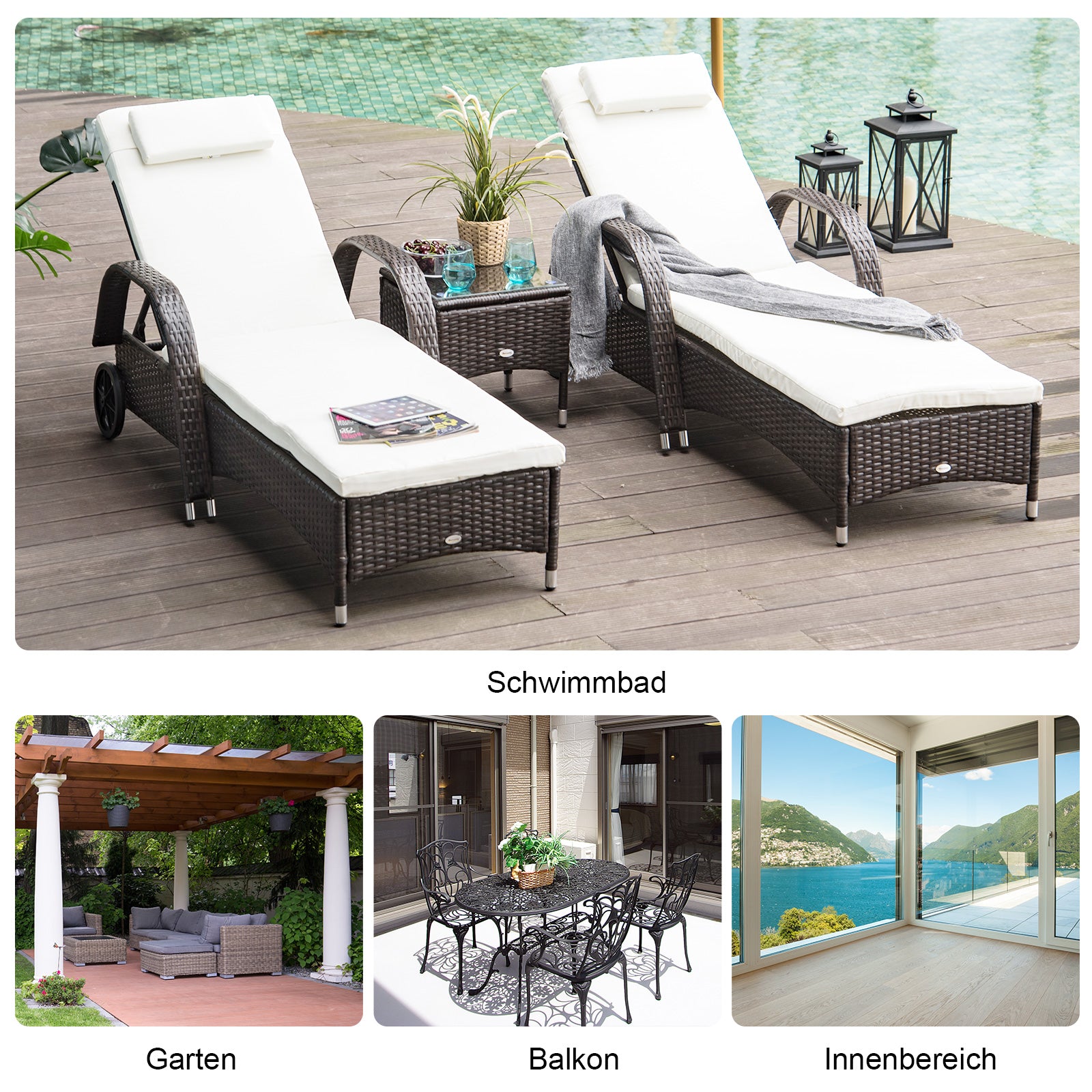 Sun Lounger Garden Table 3-Piece Garden Furniture Set, Poly Rattan+Metal Brown+Cream