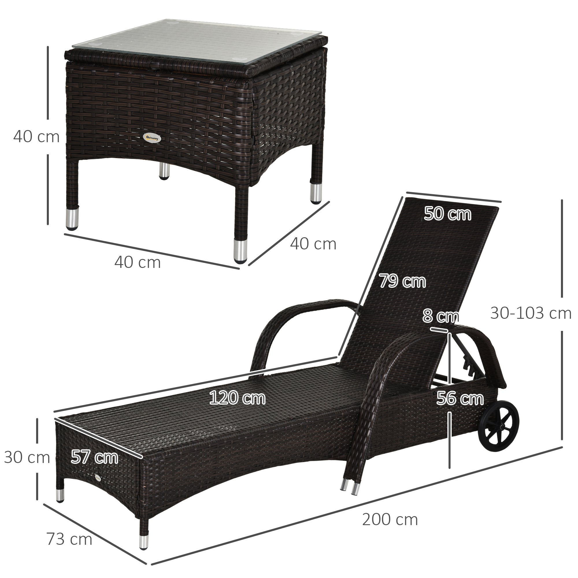 Sun Lounger Garden Table 3-Piece Garden Furniture Set, Poly Rattan+Metal Brown+Cream