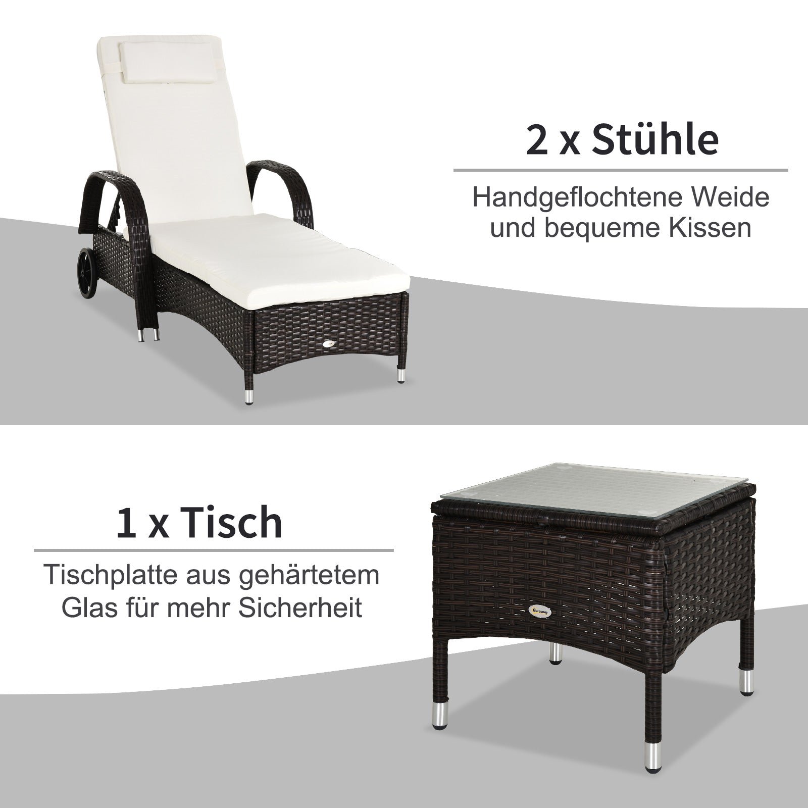 Sun Lounger Garden Table 3-Piece Garden Furniture Set, Poly Rattan+Metal Brown+Cream