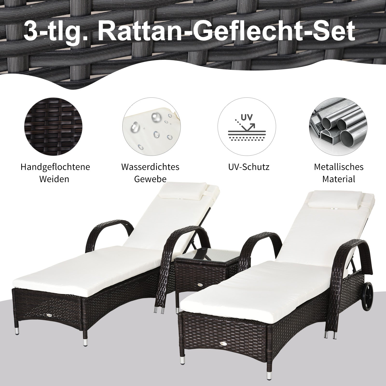 Sun Lounger Garden Table 3-Piece Garden Furniture Set, Poly Rattan+Metal Brown+Cream