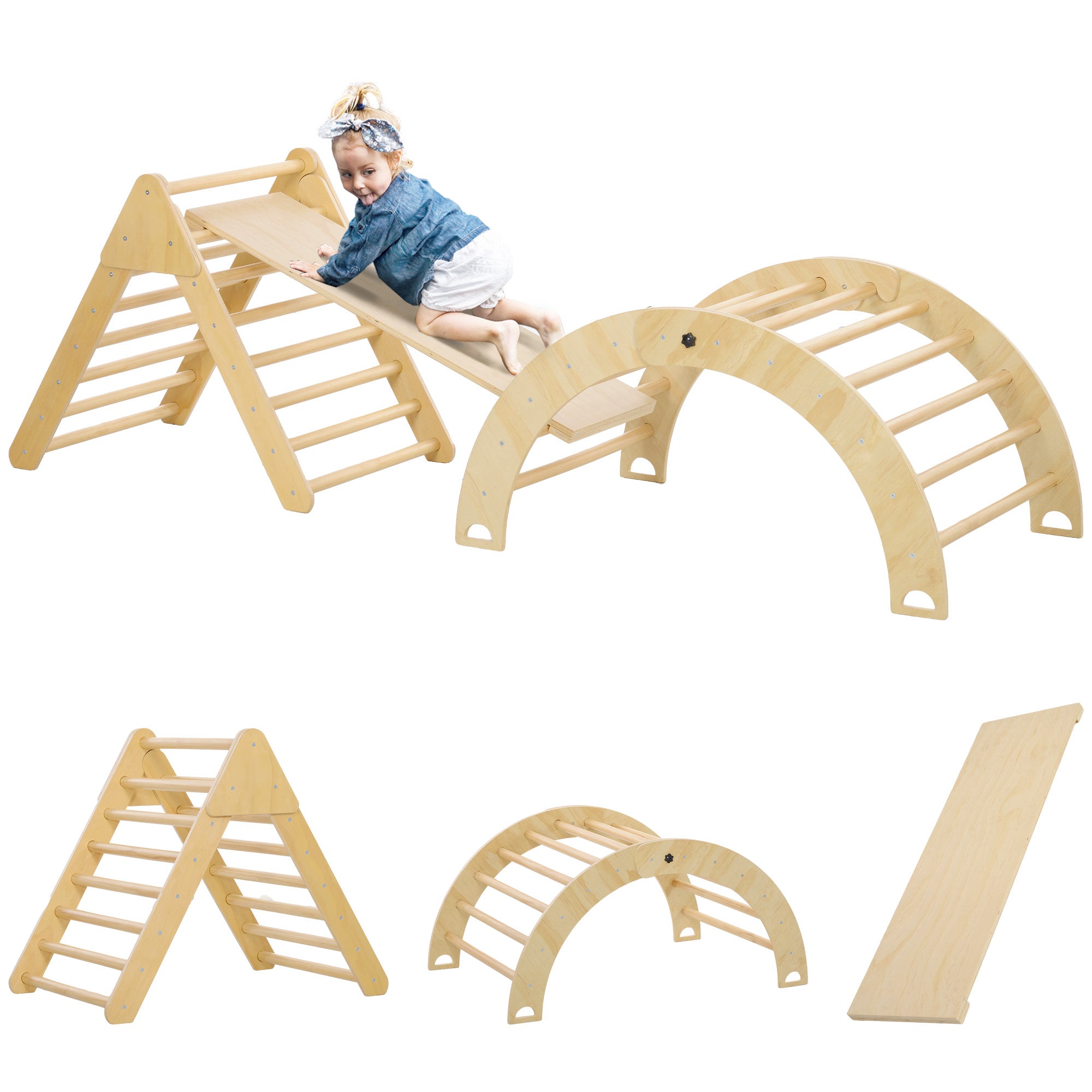 Wooden Climbing Triangle for Children 18-48 Months with Climbing Arch Ramp for Sliding or Climbing 219x72.5 cm Multicolor