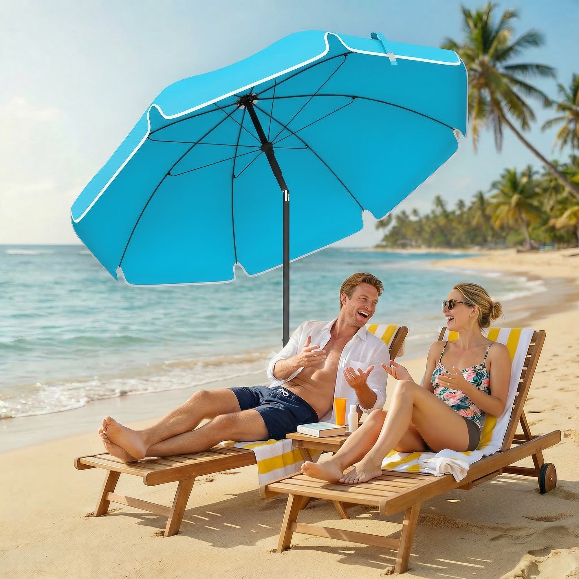 Beach Umbrella Ø150 cm (59 in) — Water-Resistant, Adjustable Tilt & Height, Sand Anchor, Foldable with Carry Bag — Blue