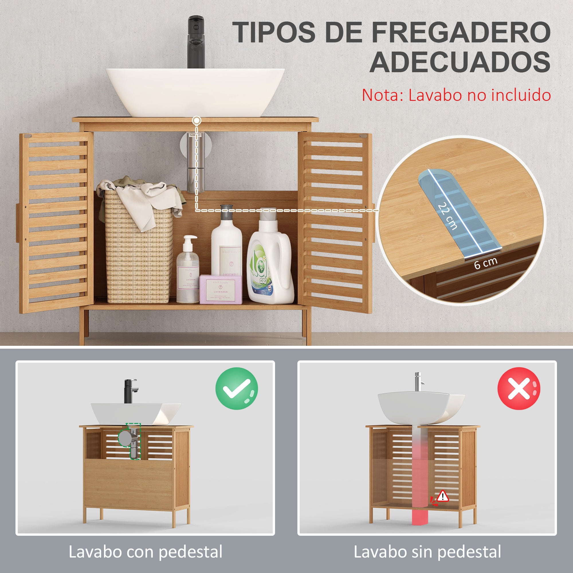 Bamboo Under Sink Cabinet with 2 Doors Bathroom Floor Cabinet 66x29x61.5 cm Natural