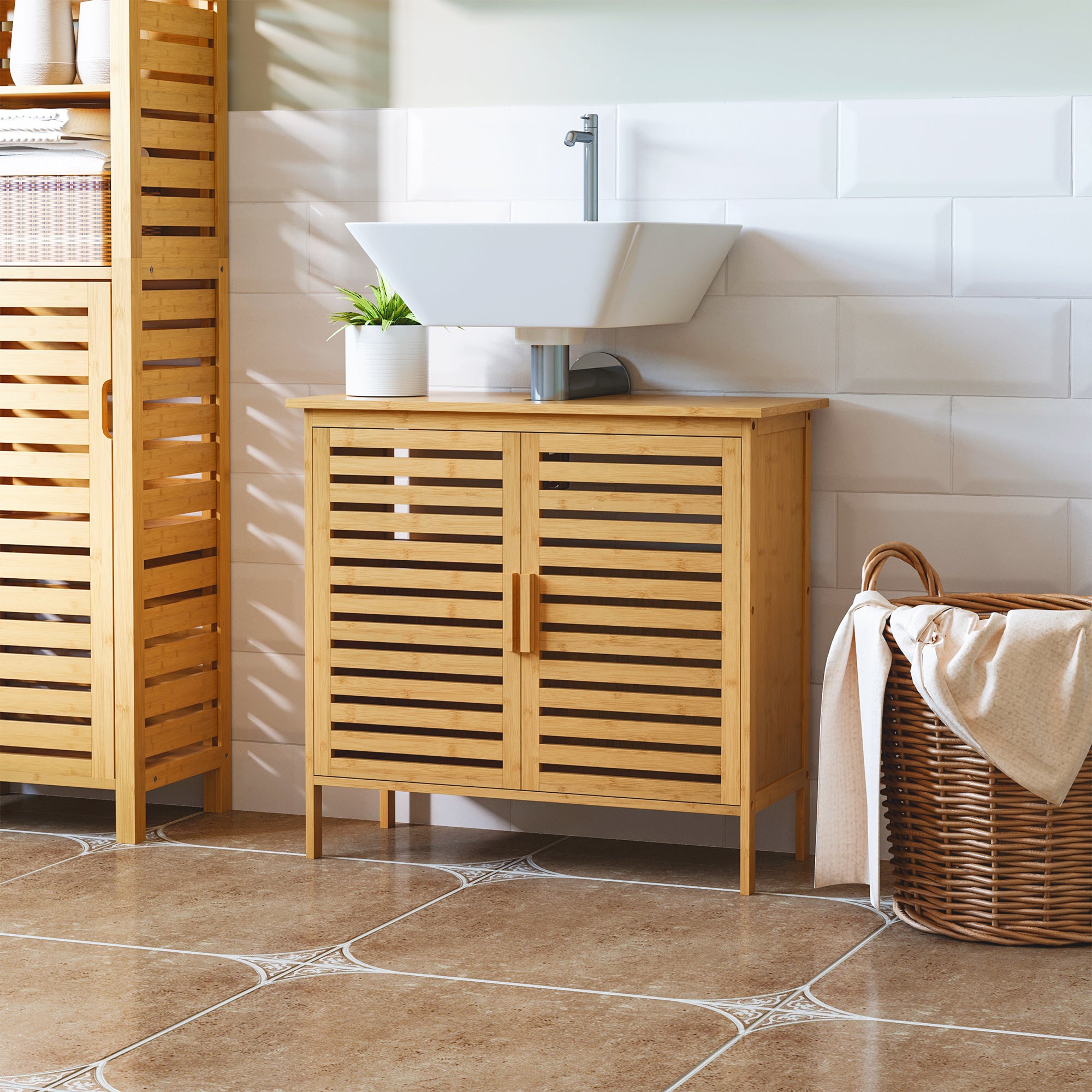 Bamboo Under Sink Cabinet with 2 Doors Bathroom Floor Cabinet 66x29x61.5 cm Natural