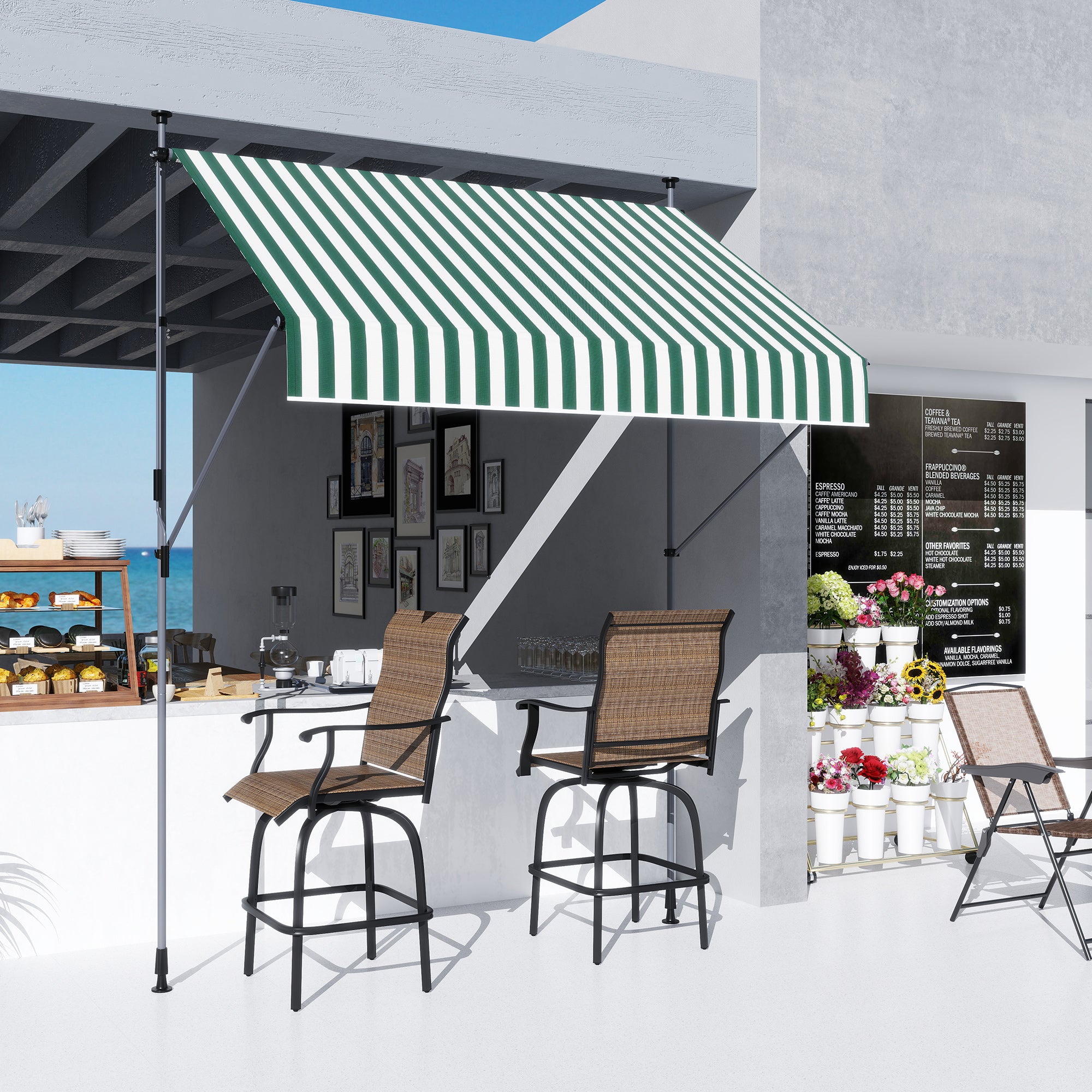 Sun Shade Awning 2x1.2 m with Retractable Arm, Outdoor Sun Canopy with Aluminum Frame and 180g/㎡ Polyester Fabric, for Garden, Balcony, and Terrace, Green and White