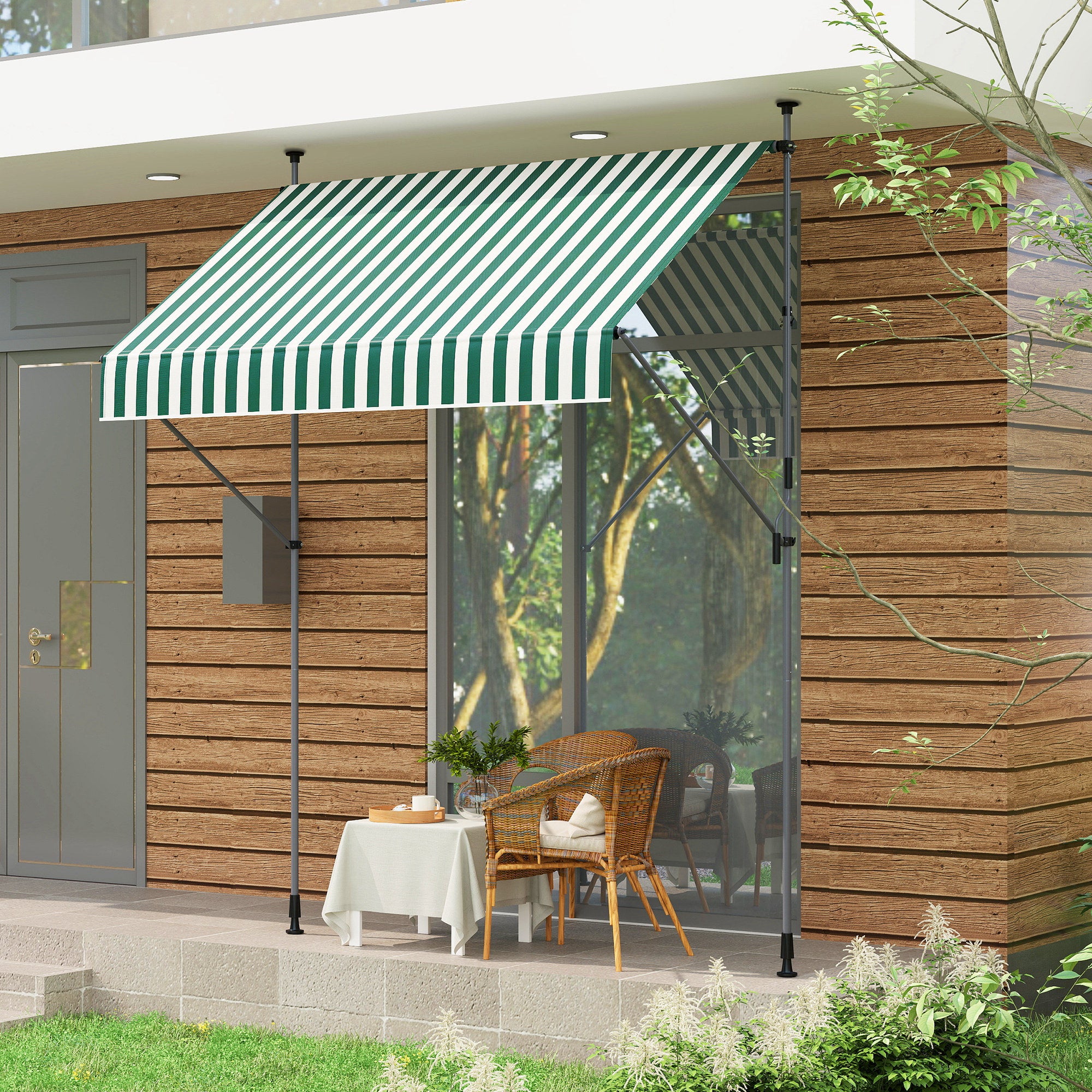 Sun Shade Awning 2x1.2 m with Retractable Arm, Outdoor Sun Canopy with Aluminum Frame and 180g/㎡ Polyester Fabric, for Garden, Balcony, and Terrace, Green and White