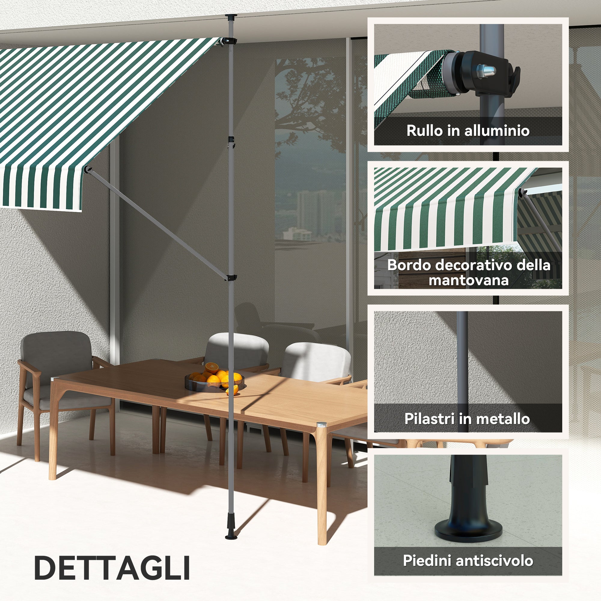 Sun Shade Awning 2x1.2 m with Retractable Arm, Outdoor Sun Canopy with Aluminum Frame and 180g/㎡ Polyester Fabric, for Garden, Balcony, and Terrace, Green and White