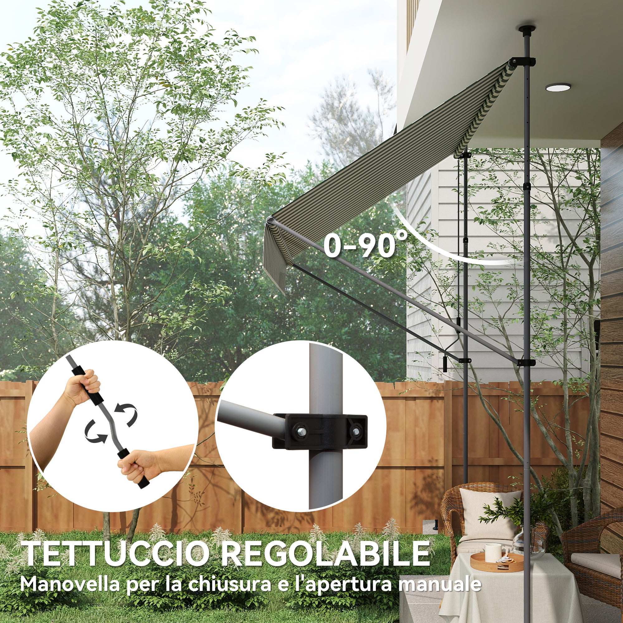 Sun Shade Awning 2x1.2 m with Retractable Arm, Outdoor Sun Canopy with Aluminum Frame and 180g/㎡ Polyester Fabric, for Garden, Balcony, and Terrace, Green and White