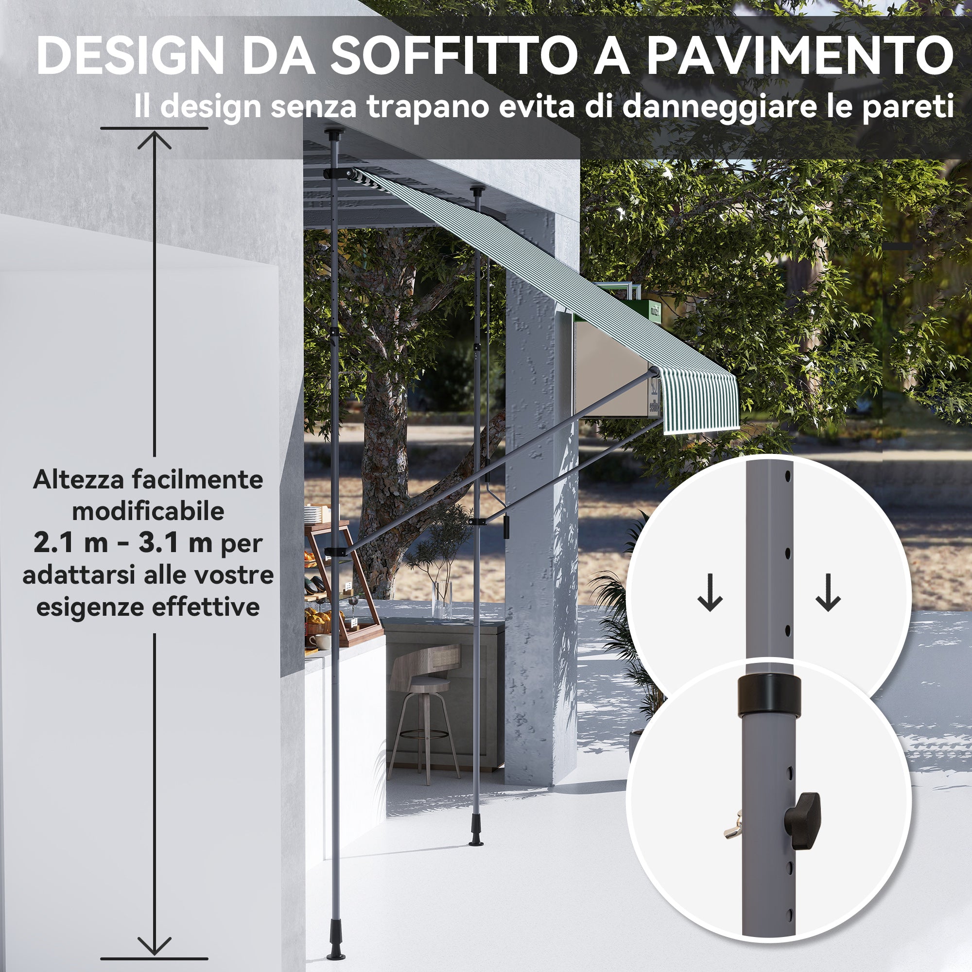 Sun Shade Awning 2x1.2 m with Retractable Arm, Outdoor Sun Canopy with Aluminum Frame and 180g/㎡ Polyester Fabric, for Garden, Balcony, and Terrace, Green and White