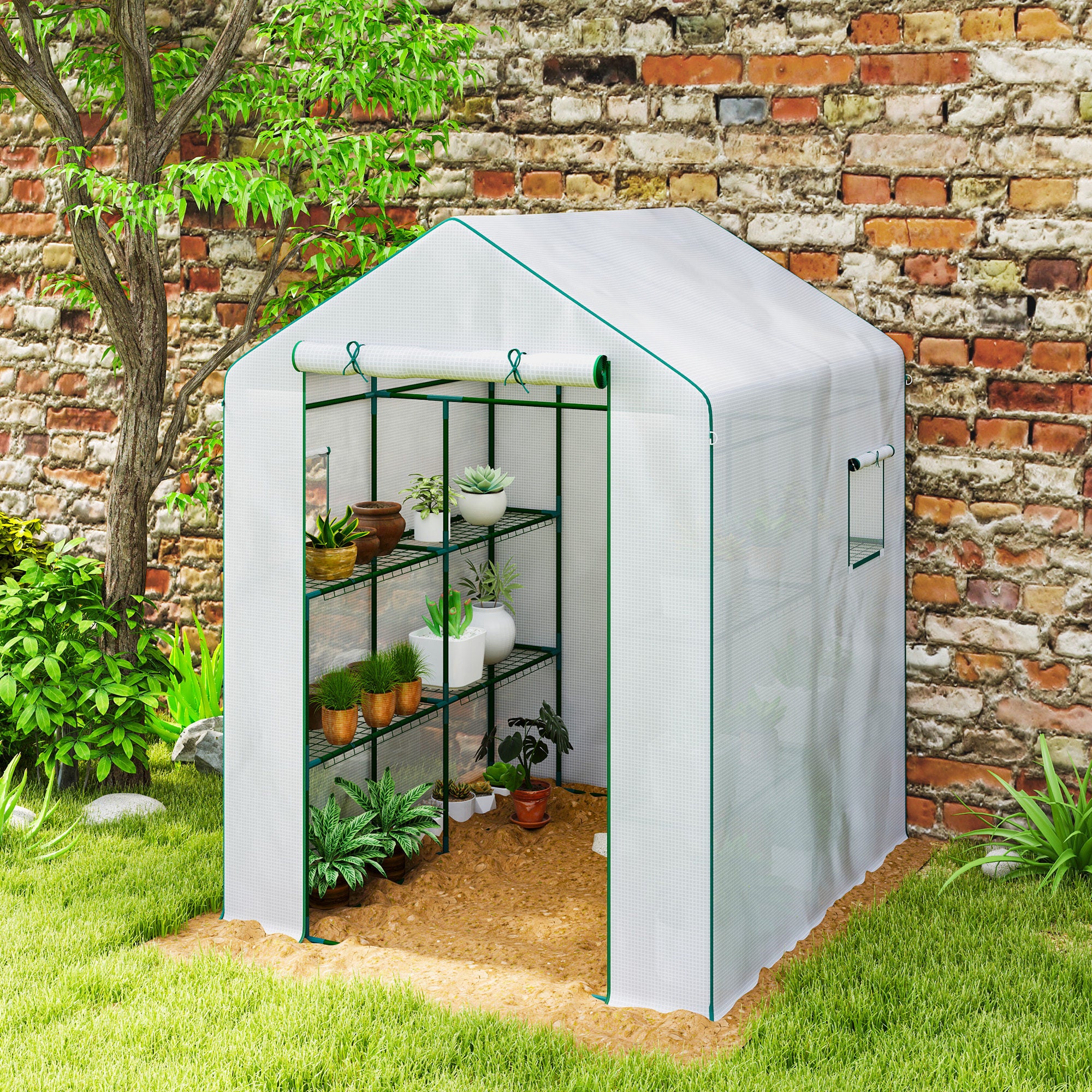 Garden Greenhouse with 3-Tier Shelves, Balcony Greenhouse, Reinforced 135 g/m² Cover, Steel Frame, Roll-Up Zipper Door, for Vegetables Plants Flowers, 140x143x190cm, White