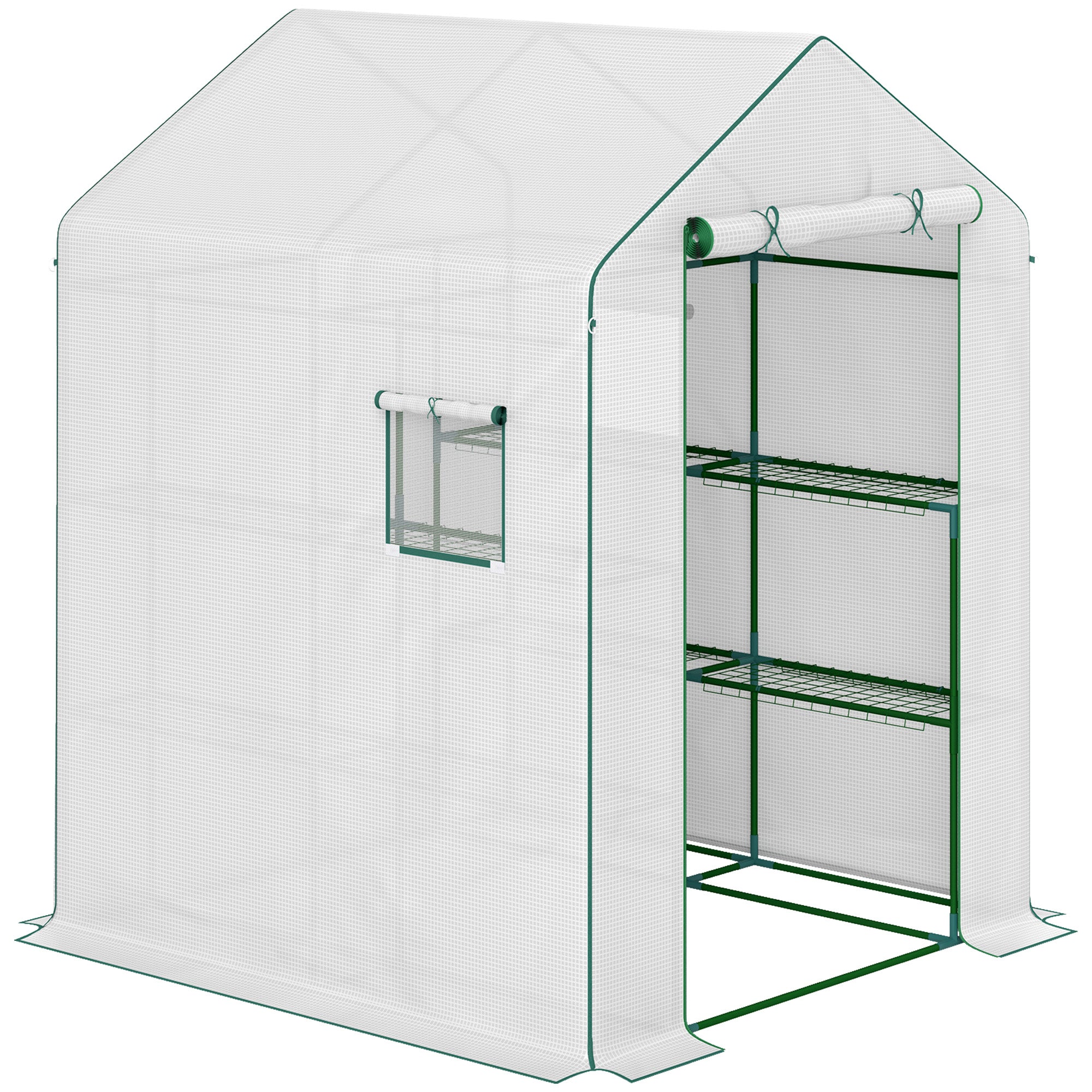 Garden Greenhouse with 3-Tier Shelves, Balcony Greenhouse, Reinforced 135 g/m² Cover, Steel Frame, Roll-Up Zipper Door, for Vegetables Plants Flowers, 140x143x190cm, White