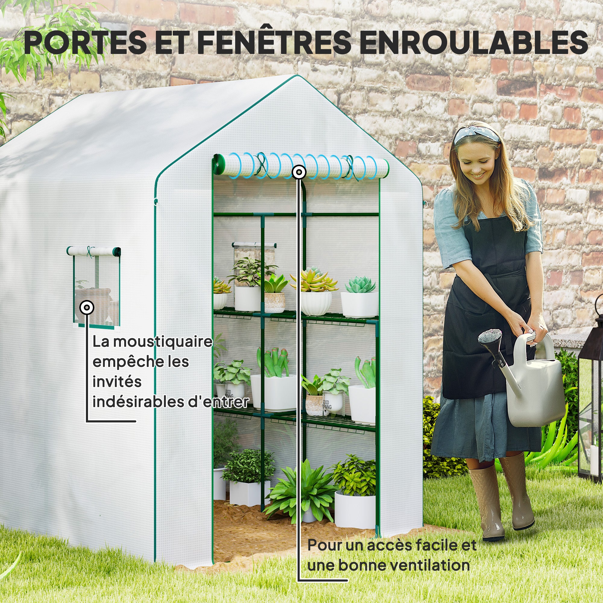 Garden Greenhouse with 3-Tier Shelves, Balcony Greenhouse, Reinforced 135 g/m² Cover, Steel Frame, Roll-Up Zipper Door, for Vegetables Plants Flowers, 140x143x190cm, White