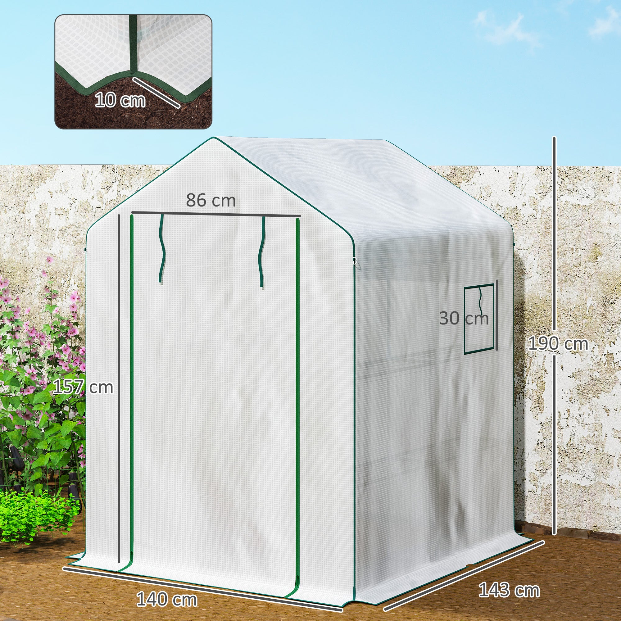 Garden Greenhouse with 3-Tier Shelves, Balcony Greenhouse, Reinforced 135 g/m² Cover, Steel Frame, Roll-Up Zipper Door, for Vegetables Plants Flowers, 140x143x190cm, White
