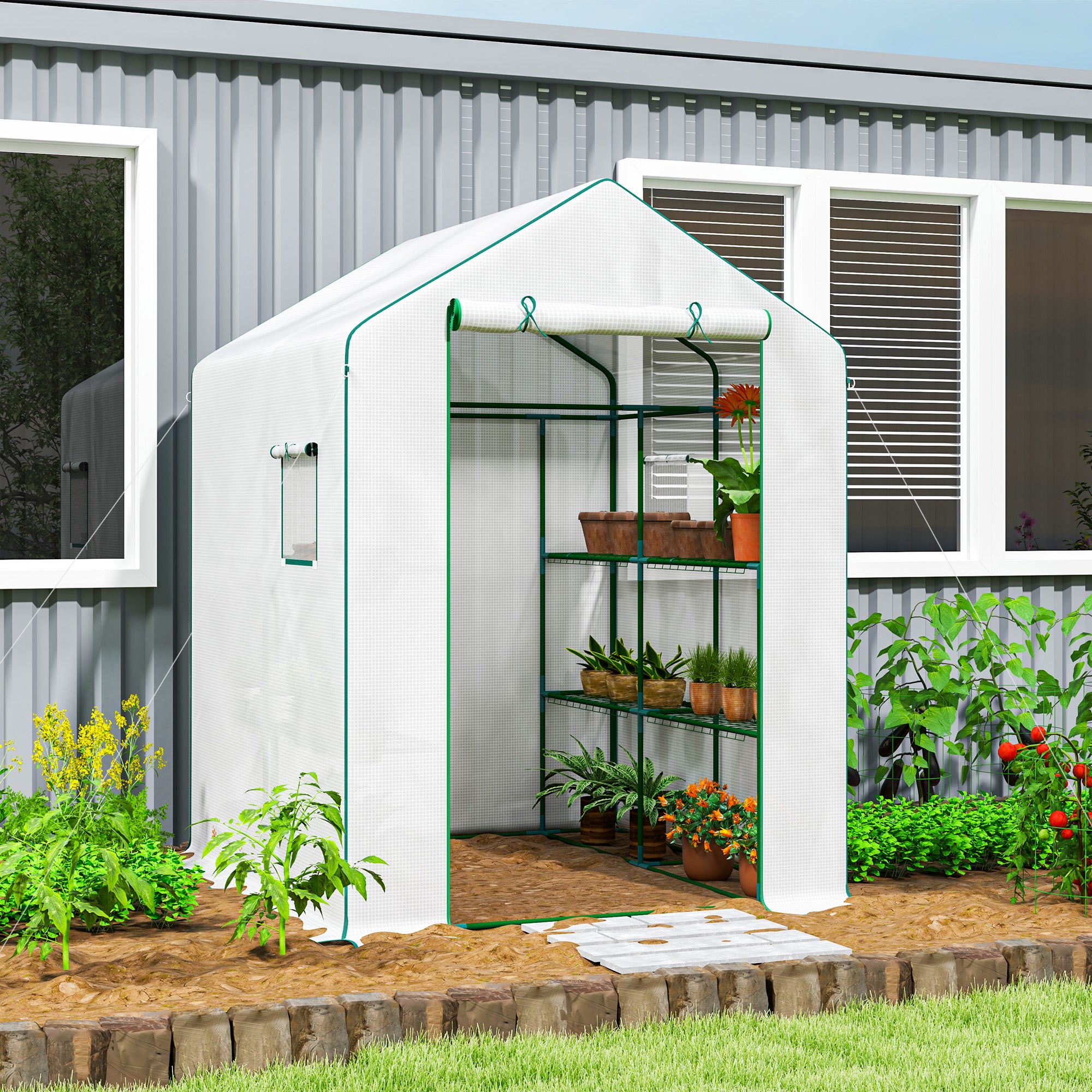 Garden Greenhouse with 3-Tier Shelves, Balcony Greenhouse, Reinforced 135 g/m² Cover, Steel Frame, Roll-Up Zipper Door, for Vegetables Plants Flowers, 140x143x190cm, White