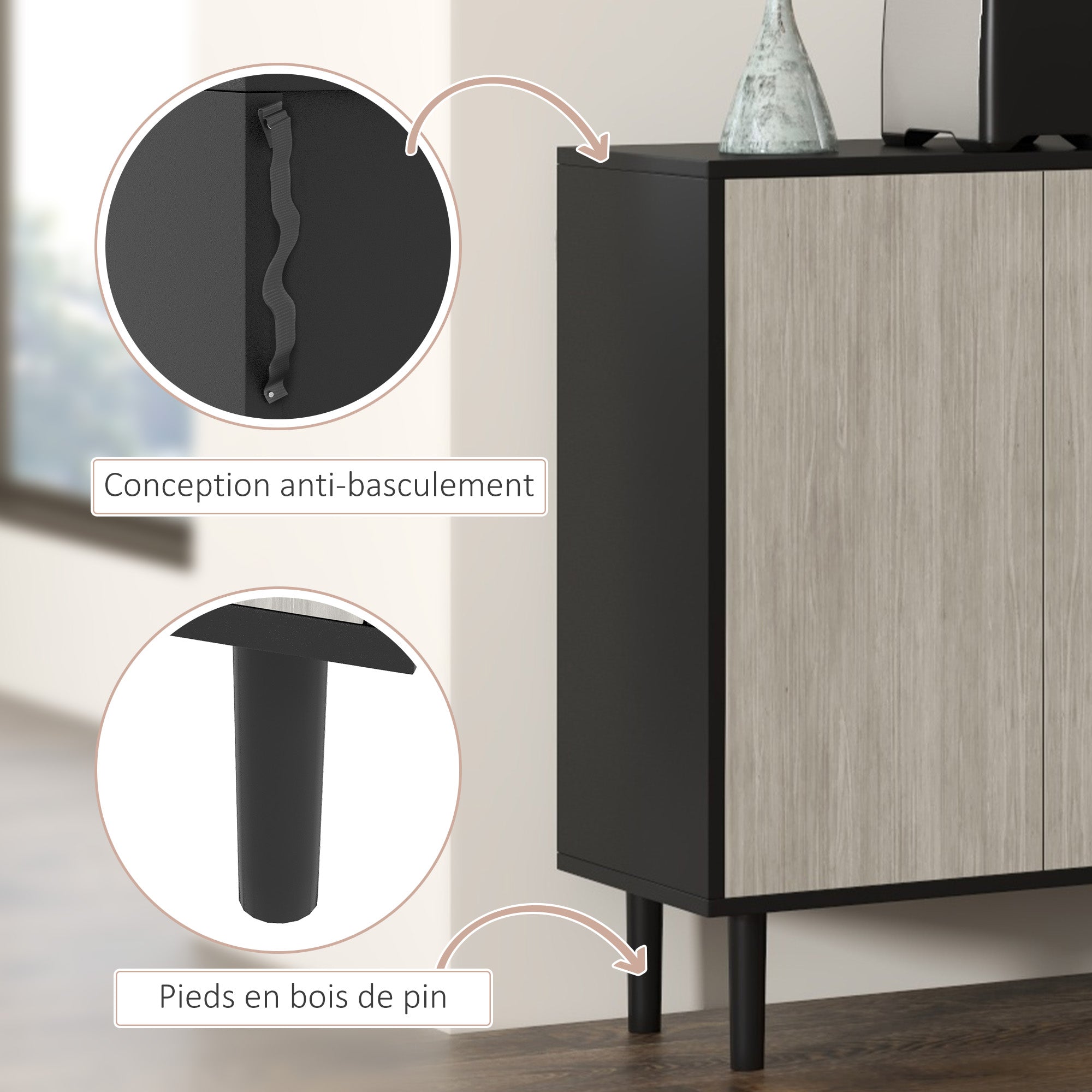 Kitchen Buffet Storage Cabinet 2 Cabinets with Adjustable Shelves, 121 x 37 x 75 cm, Black and Gray Wood Look