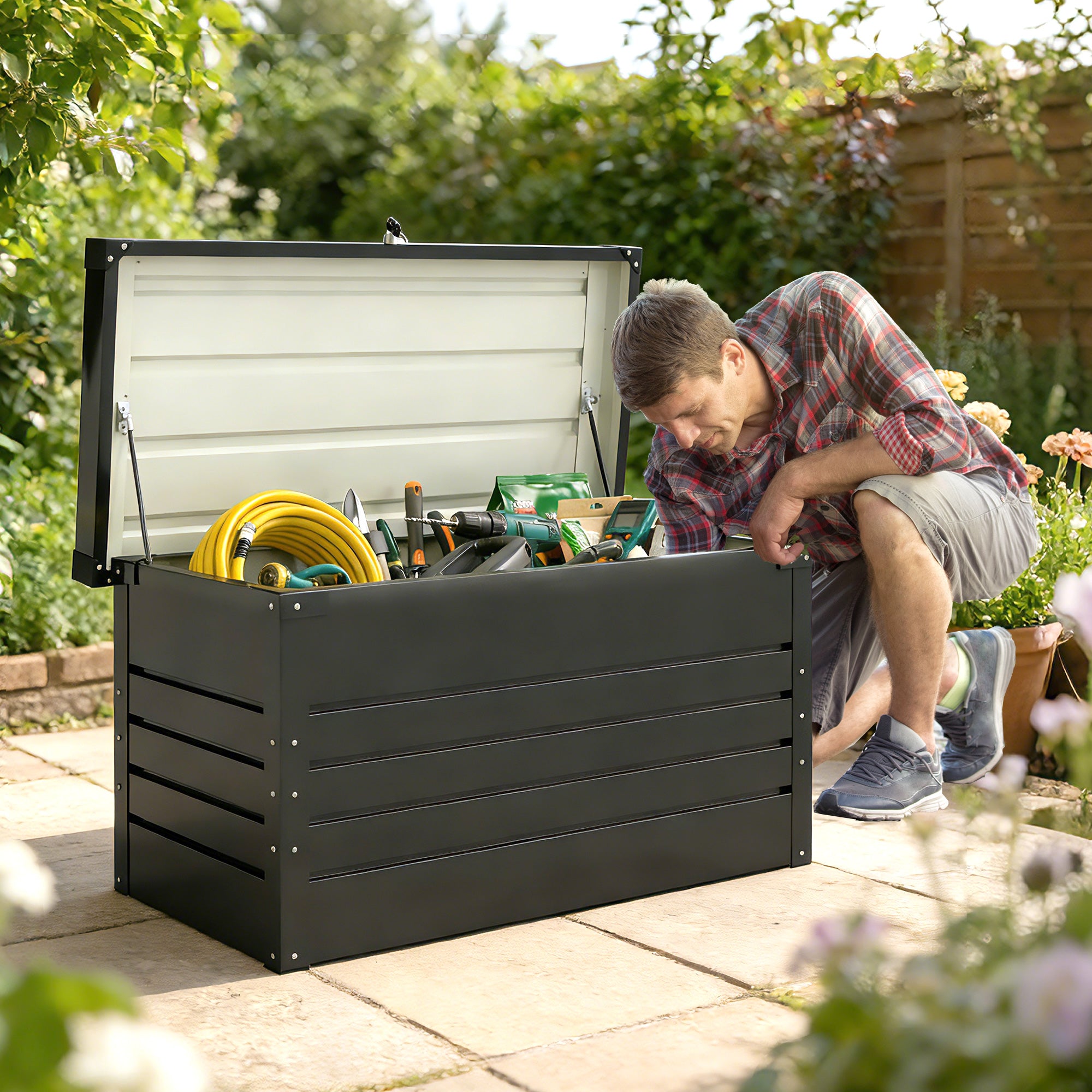 450L Metal Garden Storage Box — Lockable, Water-Resistant Cushion Chest with Double-Wall Lid & Gloves, 47.2×24.0×24.4 in (120×61×62 cm), Gray