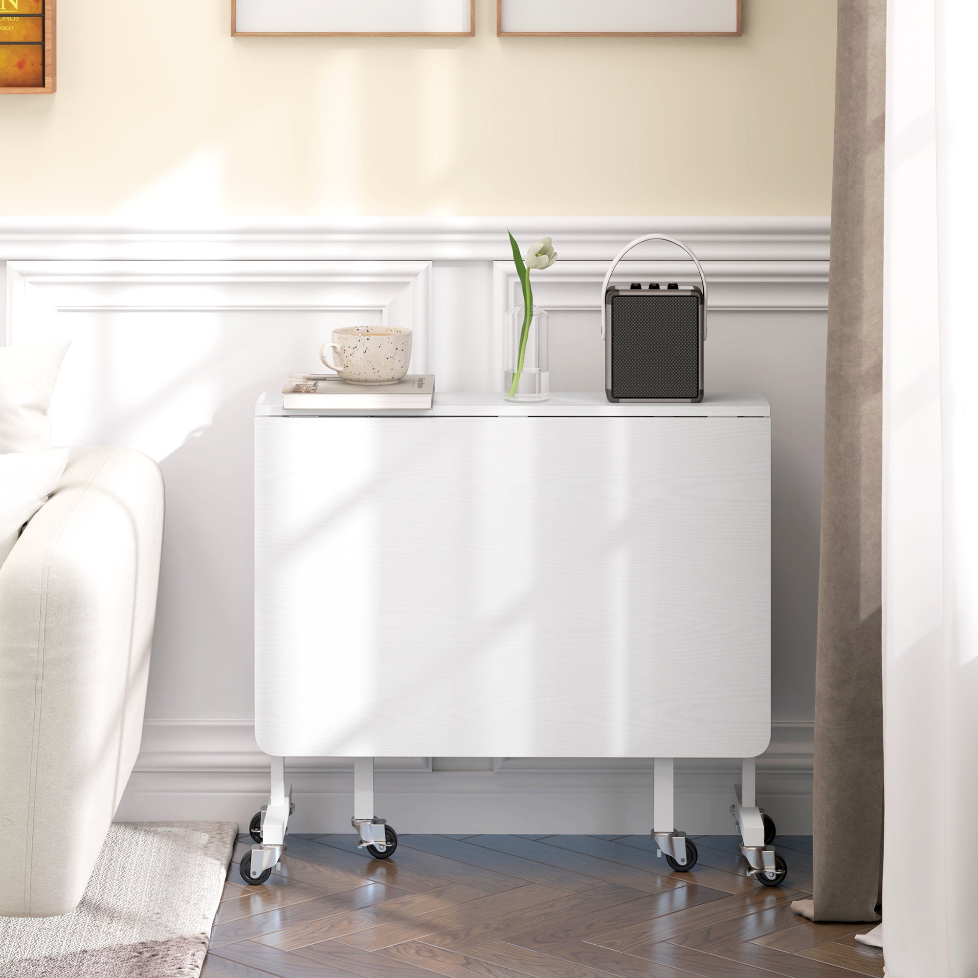 Folding Dining Table for 4-6 People Foldable Kitchen Table with Wheels and Folding Wings Folding Table for Kitchen Living Room 120x80x73 cm White