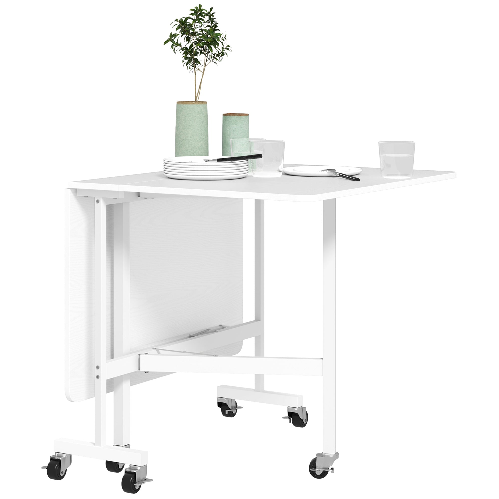 Folding Dining Table for 4-6 People Foldable Kitchen Table with Wheels and Folding Wings Folding Table for Kitchen Living Room 120x80x73 cm White