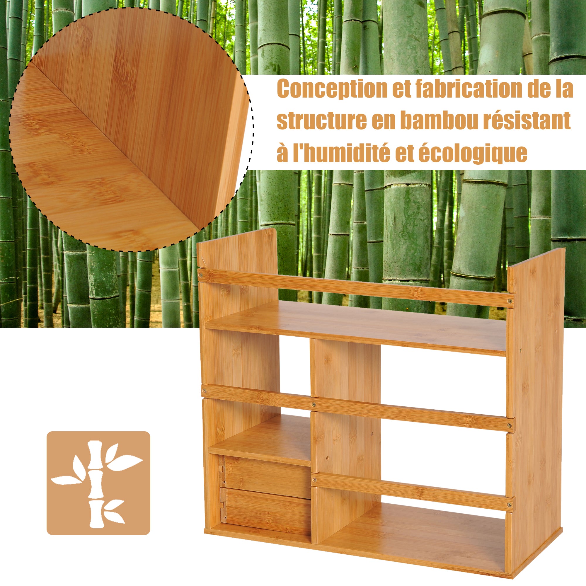 Desk Organizer with Drawers Multifunctional Bookshelf Storage Shelf for Home School Office in Natural Bamboo
