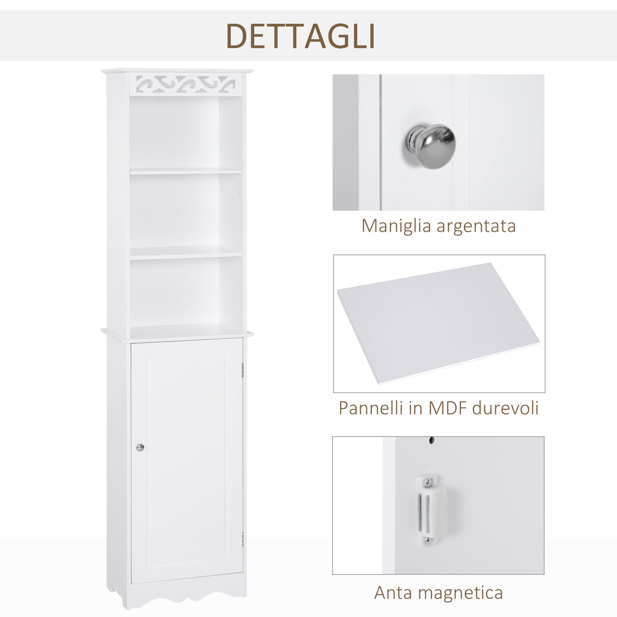Bathroom Tower Cabinet 3 Adjustable Shelves on 3 Levels and 1 Large Lower Cabinet Knobs on Door MDF White 40x23x160cm