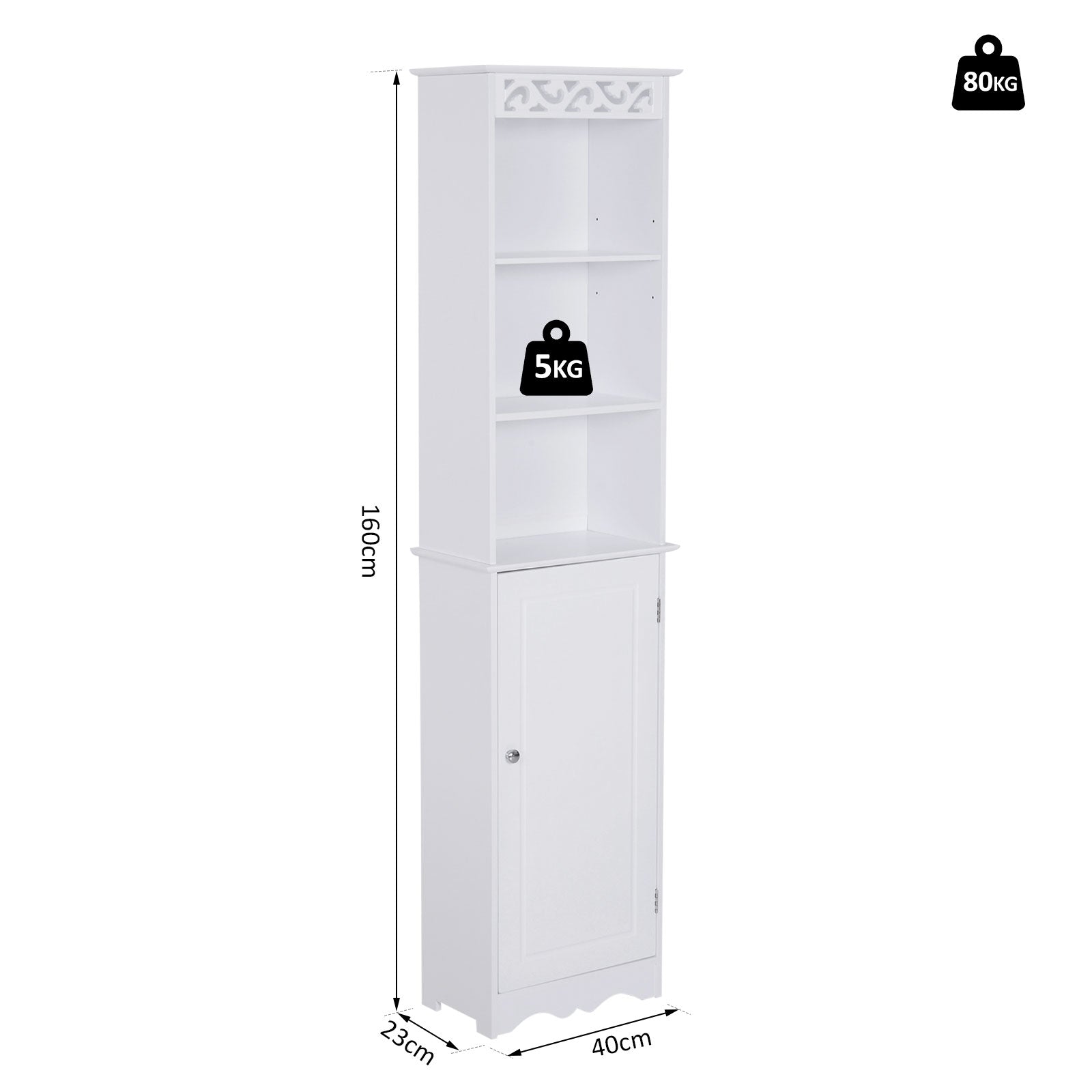 Bathroom Tower Cabinet 3 Adjustable Shelves on 3 Levels and 1 Large Lower Cabinet Knobs on Door MDF White 40x23x160cm