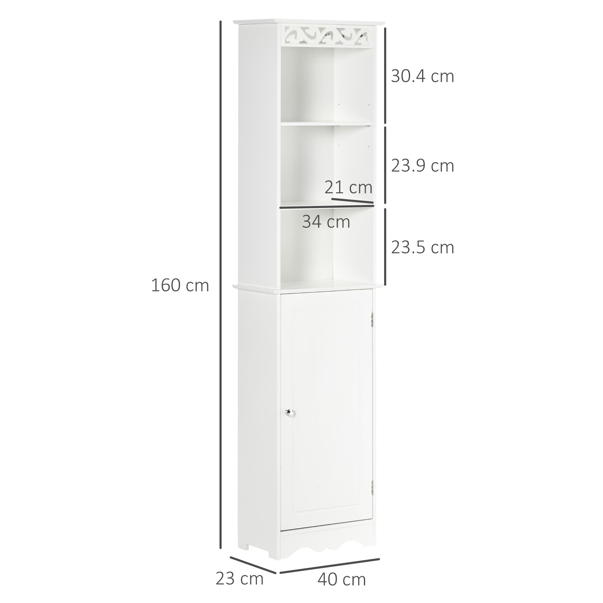 Bathroom Tower Cabinet 3 Adjustable Shelves on 3 Levels and 1 Large Lower Cabinet Knobs on Door MDF White 40x23x160cm