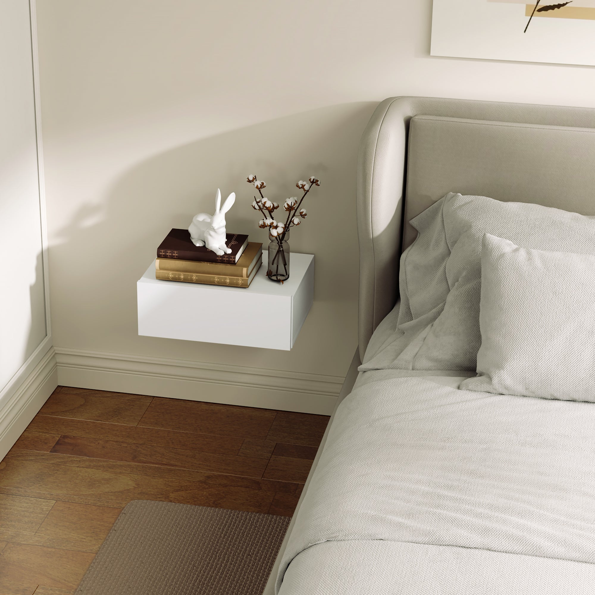 Suspended Bedside Table with Drawer, Bedroom Bedside Table in Chipboard, Modern Style, 40x30x15 cm, White