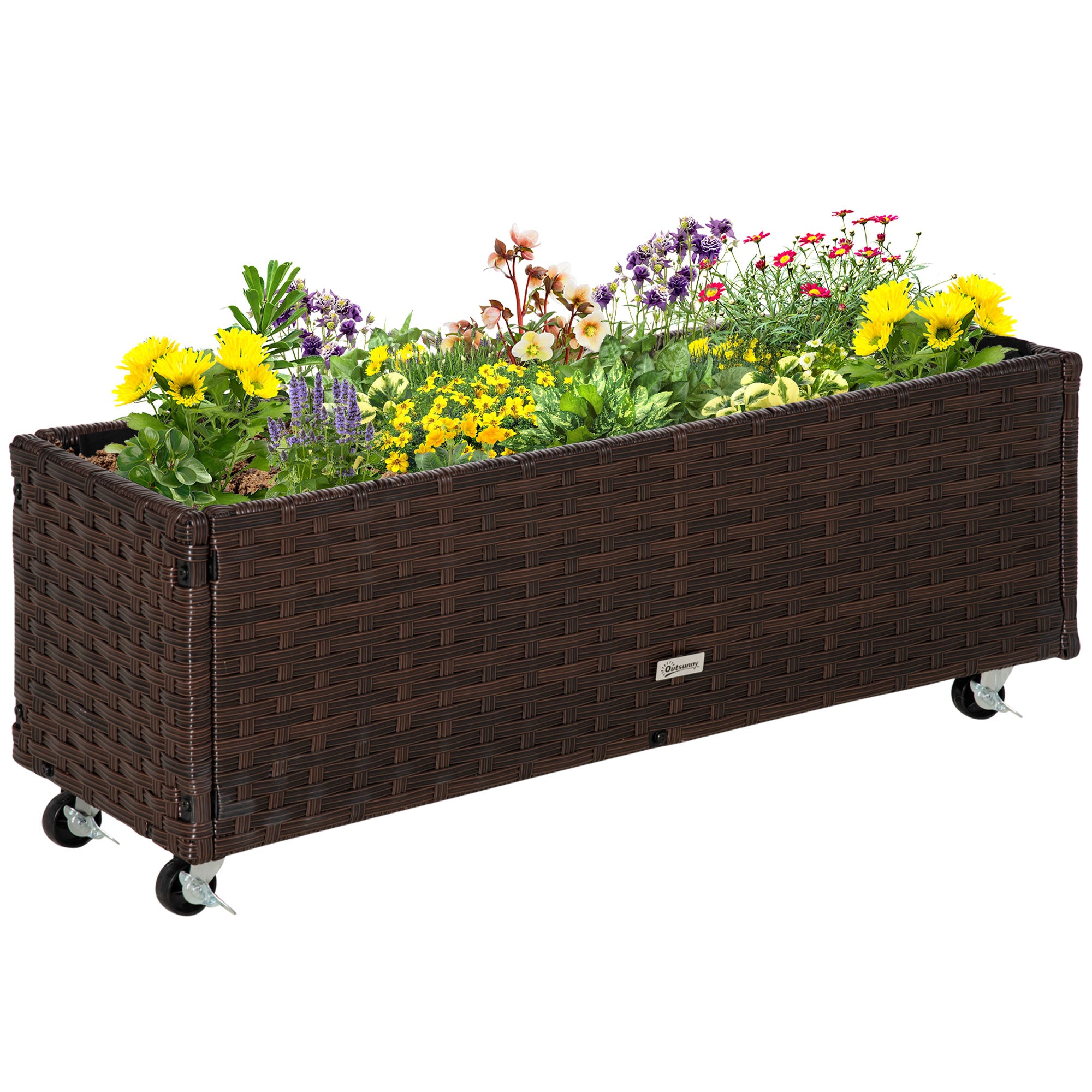 Raised Bed Poly Rattan with Wheels Planter Box with Drainage Holes Flower Pot Coffee-Brown 94.5 x 31 x 36 cm