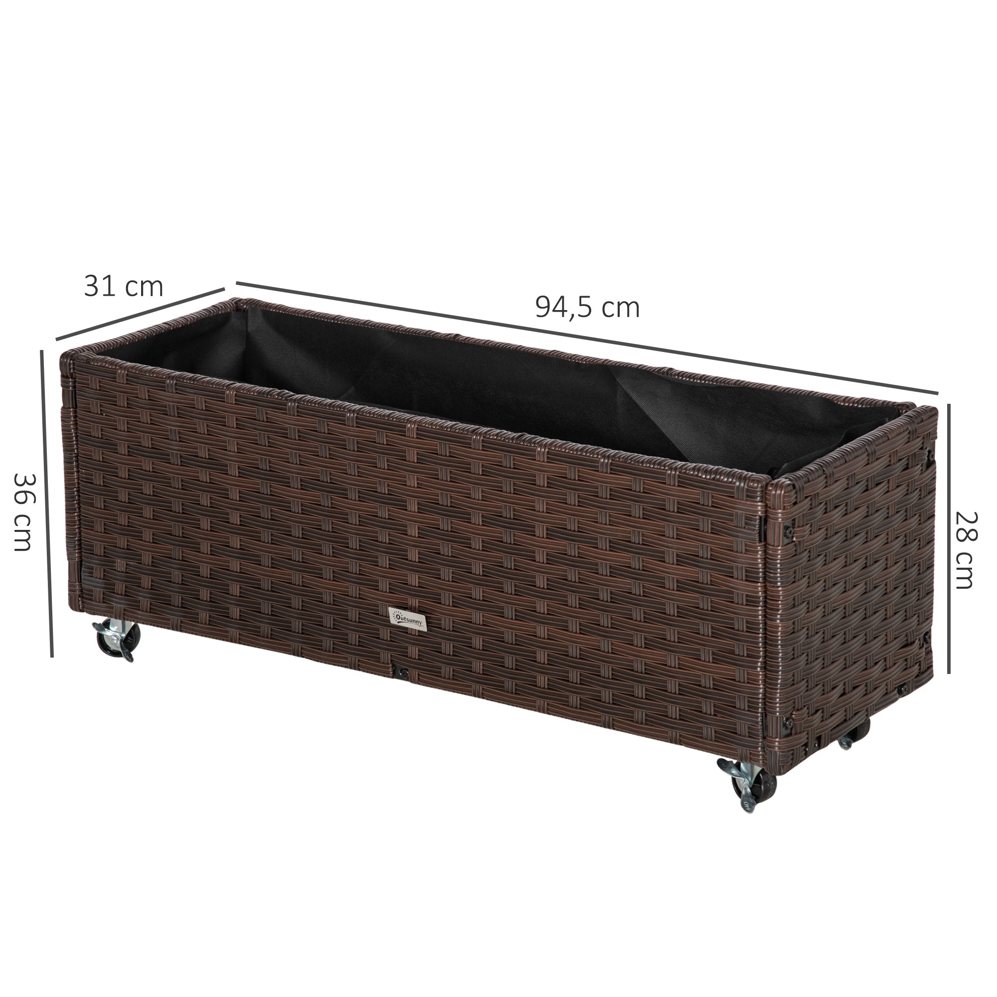 Raised Bed Poly Rattan with Wheels Planter Box with Drainage Holes Flower Pot Coffee-Brown 94.5 x 31 x 36 cm