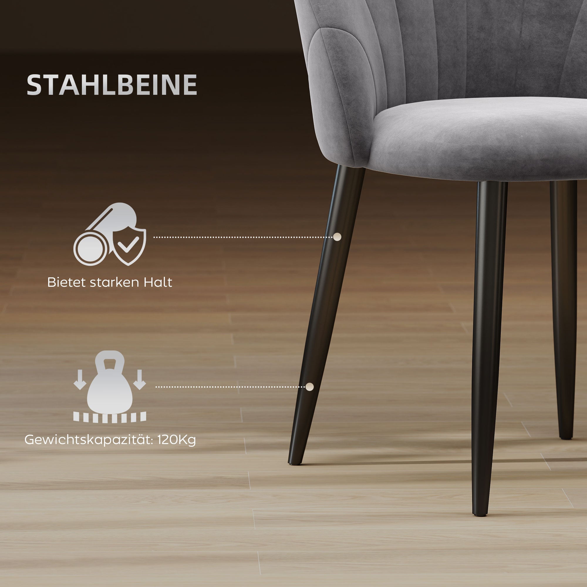 Dining Chairs Set of 2 Kitchen Chair with Shell-Shaped Back, Velvet-Like, Upholstered Armchair with Footrest, Chairs, Living Room Chair with Steel Legs for Dining Table, Gray