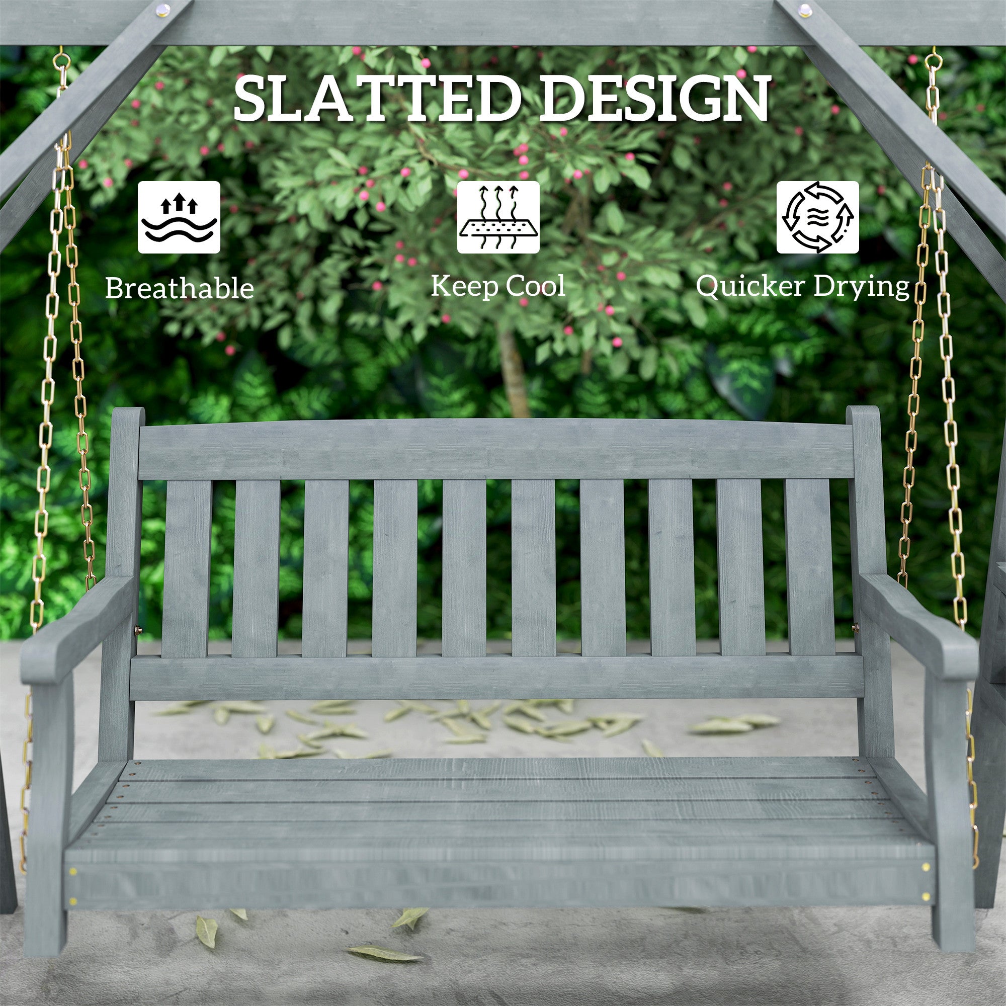 2-Seater Garden Swing — Wooden Bench with Side Tables, Cup Holders & Metal Chains, Gray