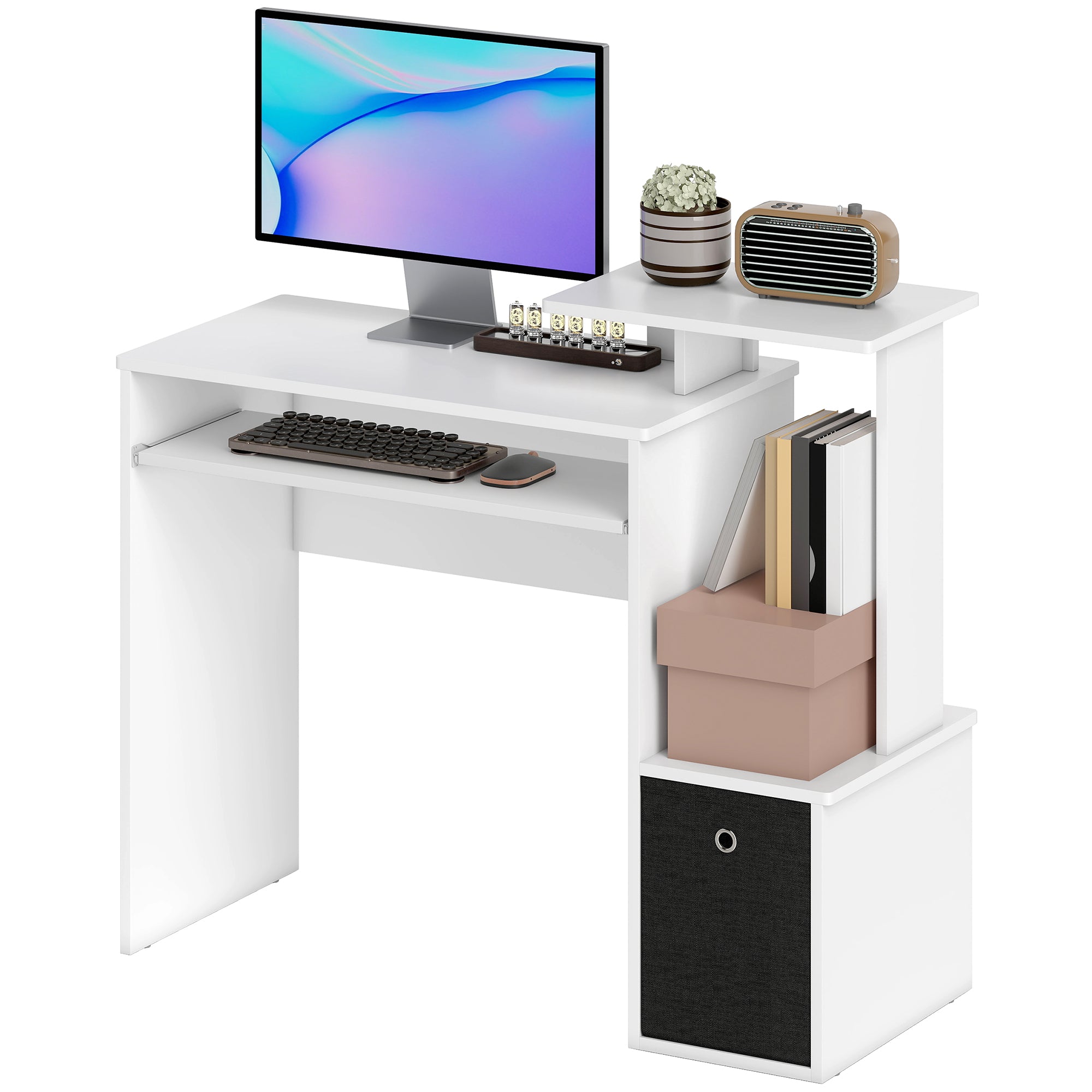 Multimedia Computer Desk with Shelves Keyboard Tray Basket Black Particle Board White