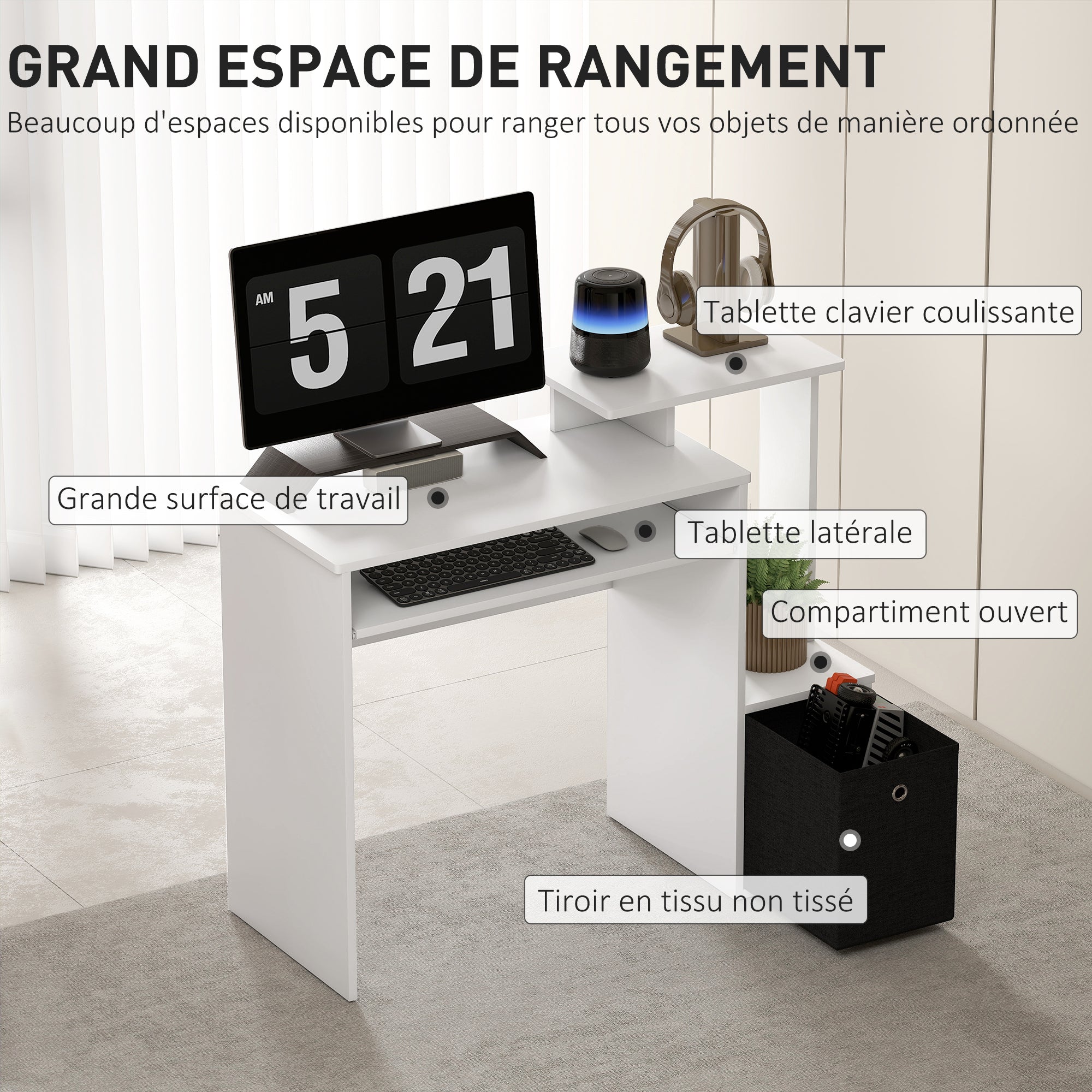 Multimedia Computer Desk with Shelves Keyboard Tray Basket Black Particle Board White
