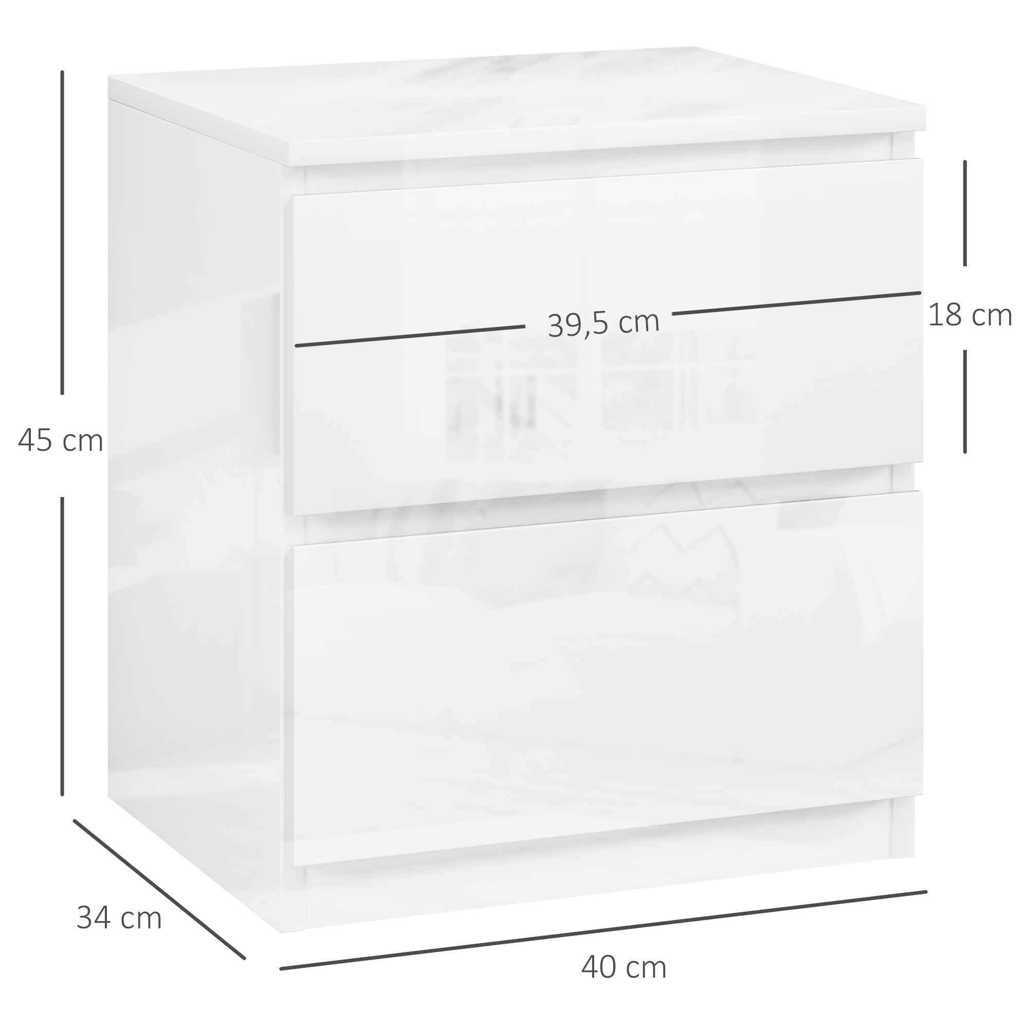 Modern Nightstand Bedside Table with 2 Drawers Night Stand Side Table for Bedroom Living Room 40x34x45 cm Glossy White