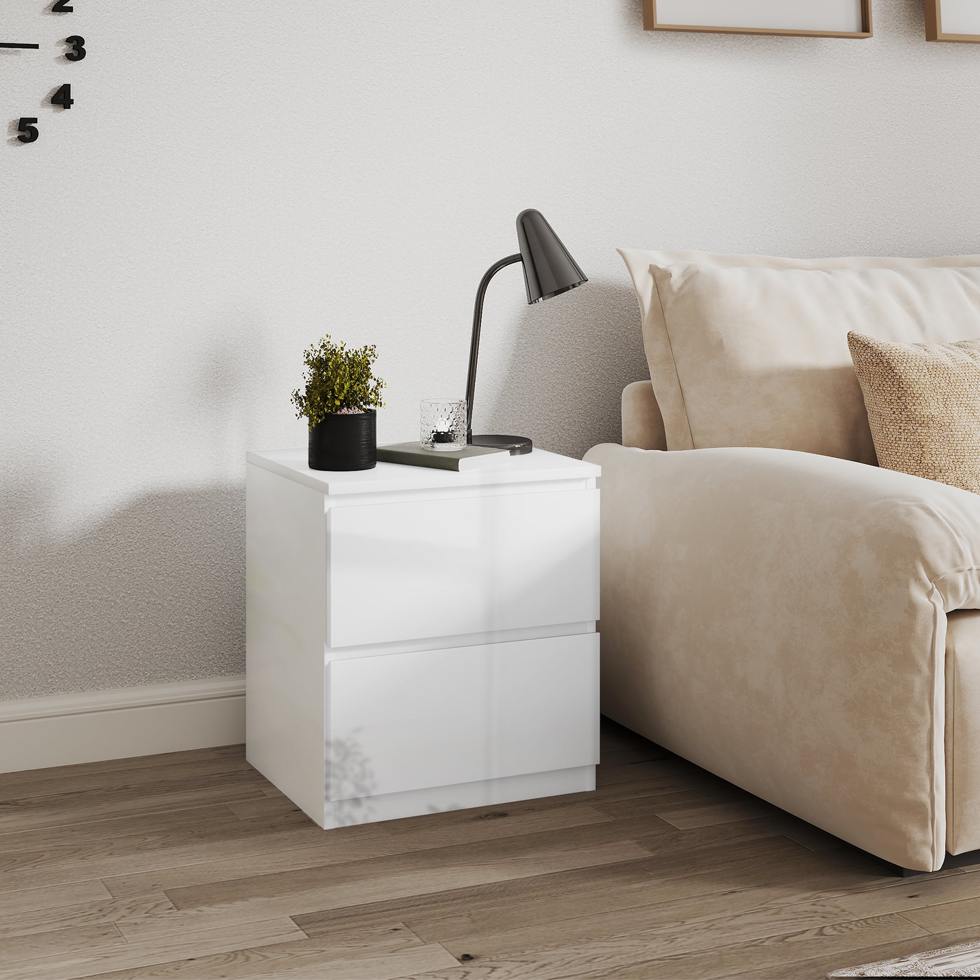 Modern Nightstand Bedside Table with 2 Drawers Night Stand Side Table for Bedroom Living Room 40x34x45 cm Glossy White