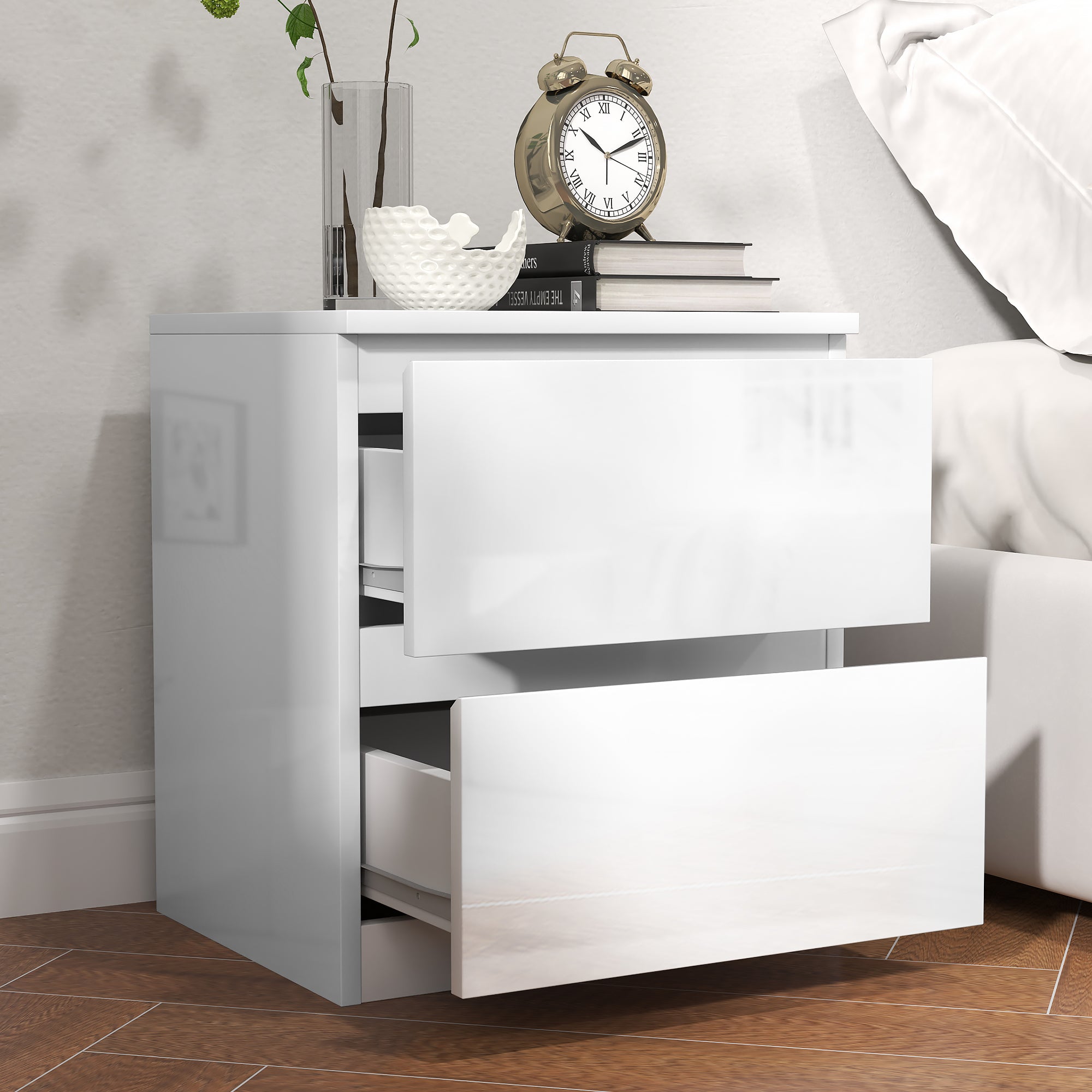 Modern Nightstand Bedside Table with 2 Drawers Night Stand Side Table for Bedroom Living Room 40x34x45 cm Glossy White