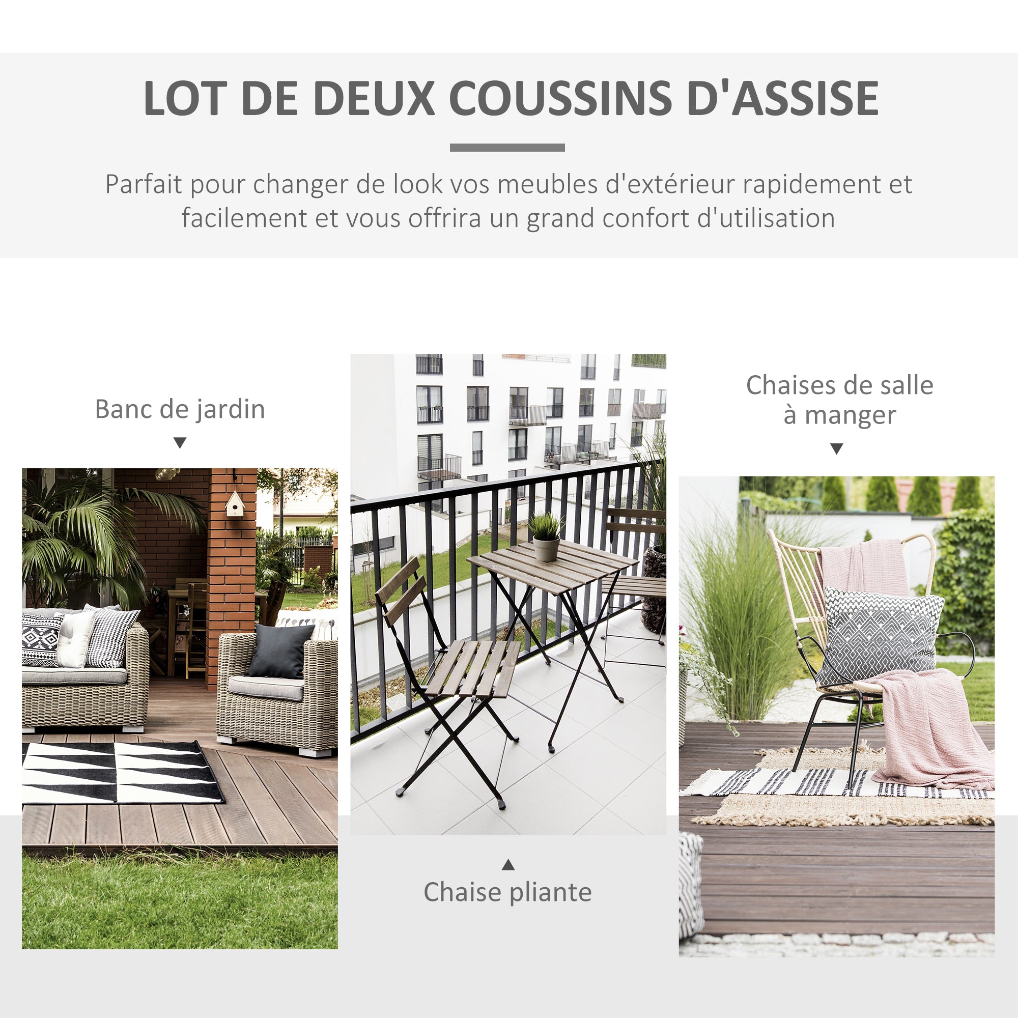 Set of 2 Garden Chair Cushions Seat Cushions Removable Upholstery 5 cm Polyester Fabric dim. 45L x 45W cm Light Grey