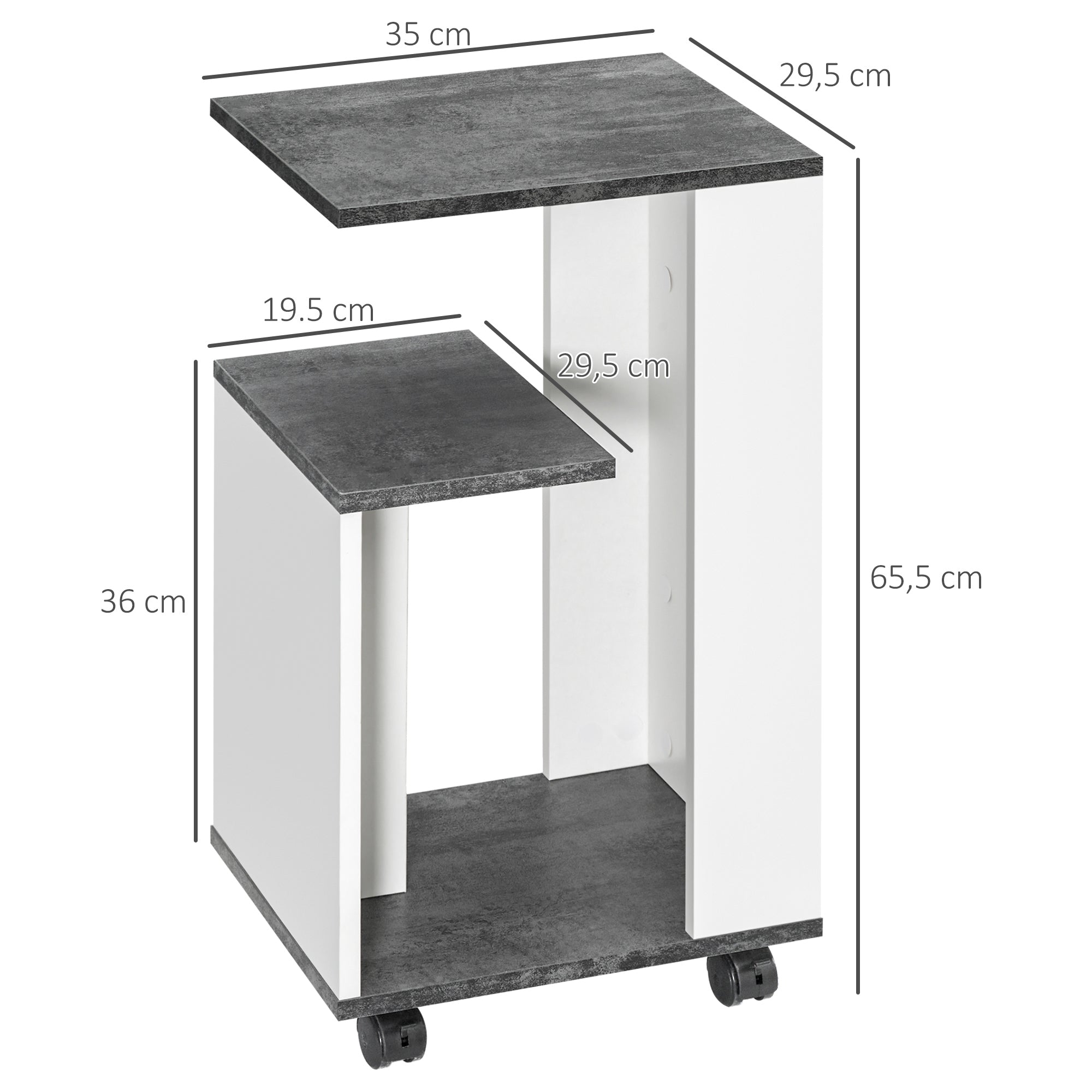 Nightstand Side Table with Wheels Coffee Table in Modern Design Coffee Table with 3 Shelves for Bedroom Living Room Gray White 35 x 29.5 x 65.5 cm