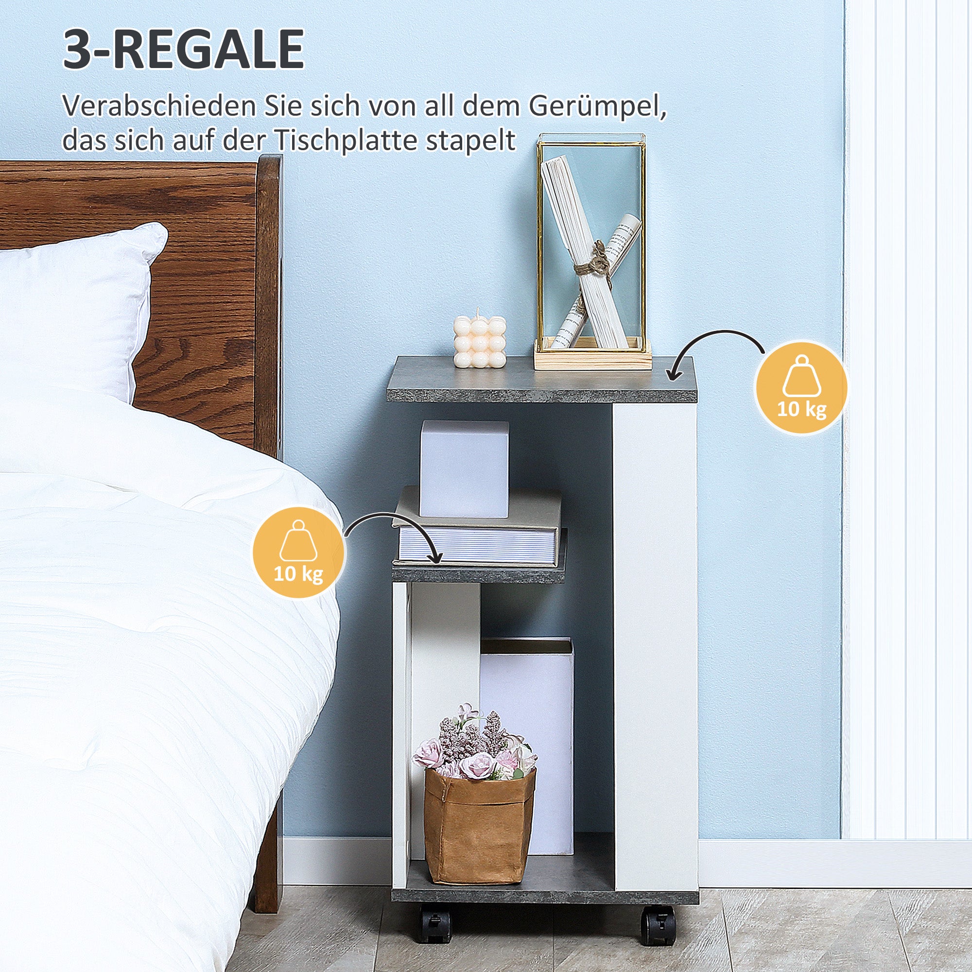 Nightstand Side Table with Wheels Coffee Table in Modern Design Coffee Table with 3 Shelves for Bedroom Living Room Gray White 35 x 29.5 x 65.5 cm