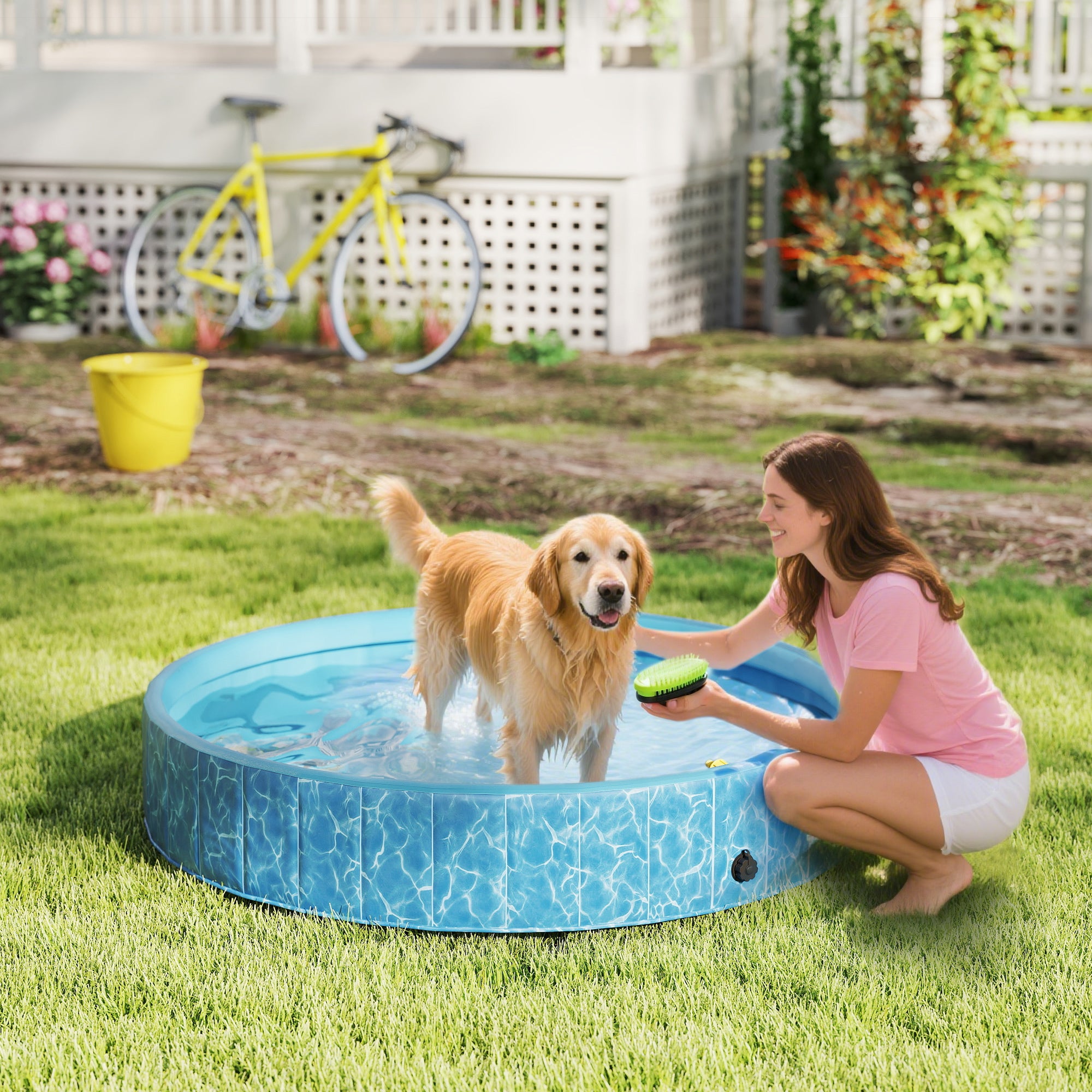 Foldable Dog Pool with Fountain and Water Cushion Design Ø160 x 30 cm Non-Slip Dog Bathtub Swimming Pool for Dogs and Cats