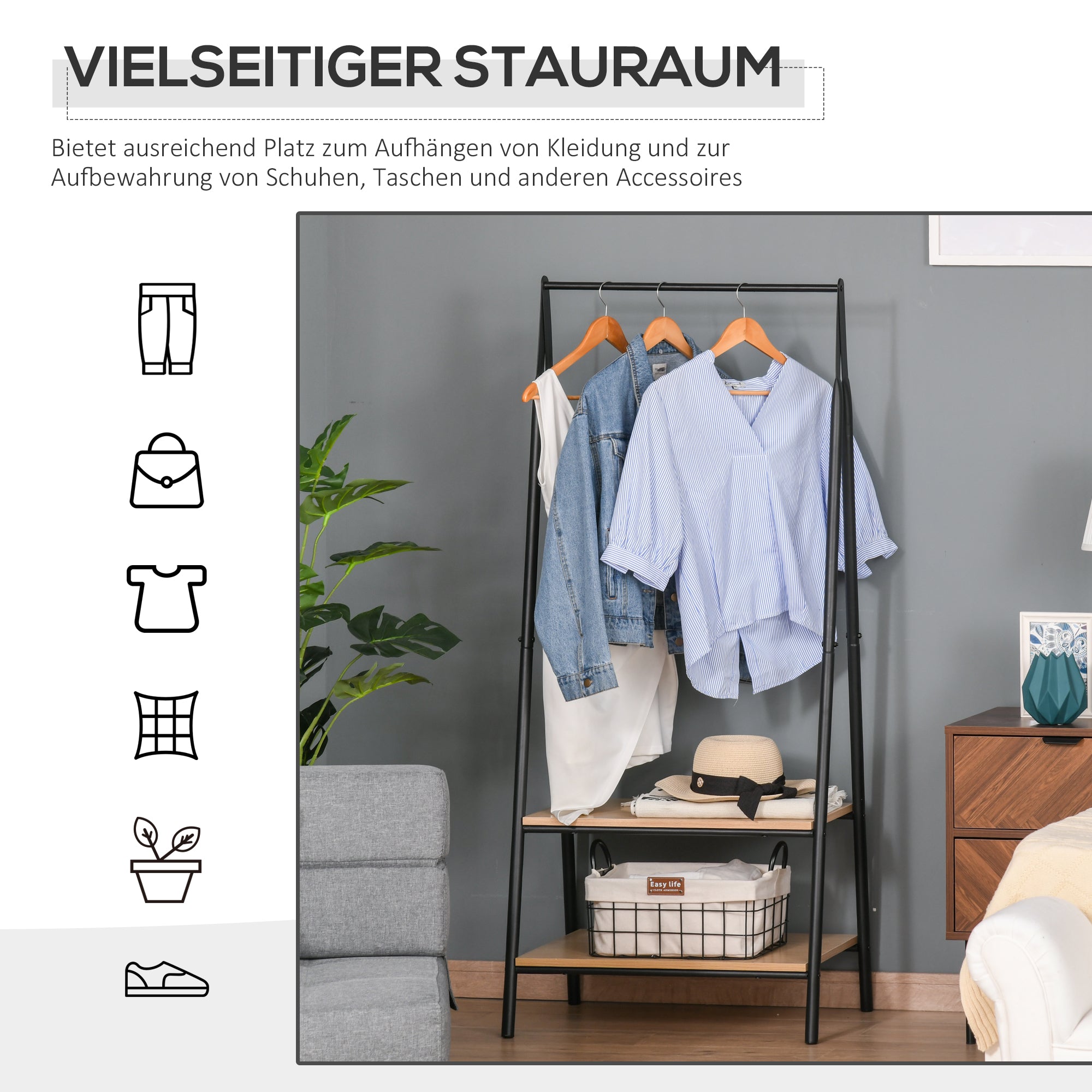 Coat Rack Garment Rack Clothes Rail with Shoe Shelf Laundry Rack Metal + Wood Black + Natural 64 x 42.5 x 149 cm